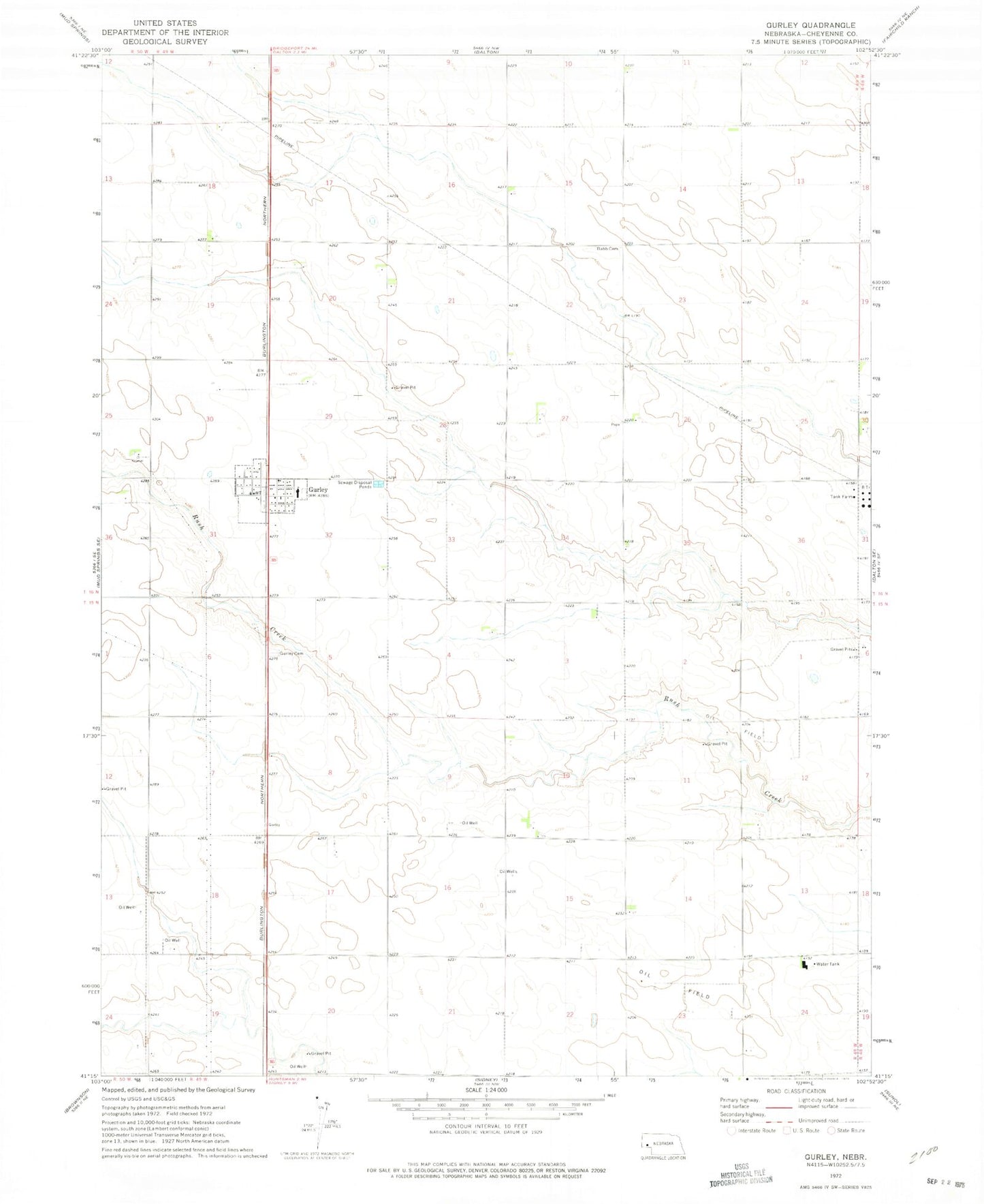 Classic USGS Gurley Nebraska 7.5'x7.5' Topo Map Image