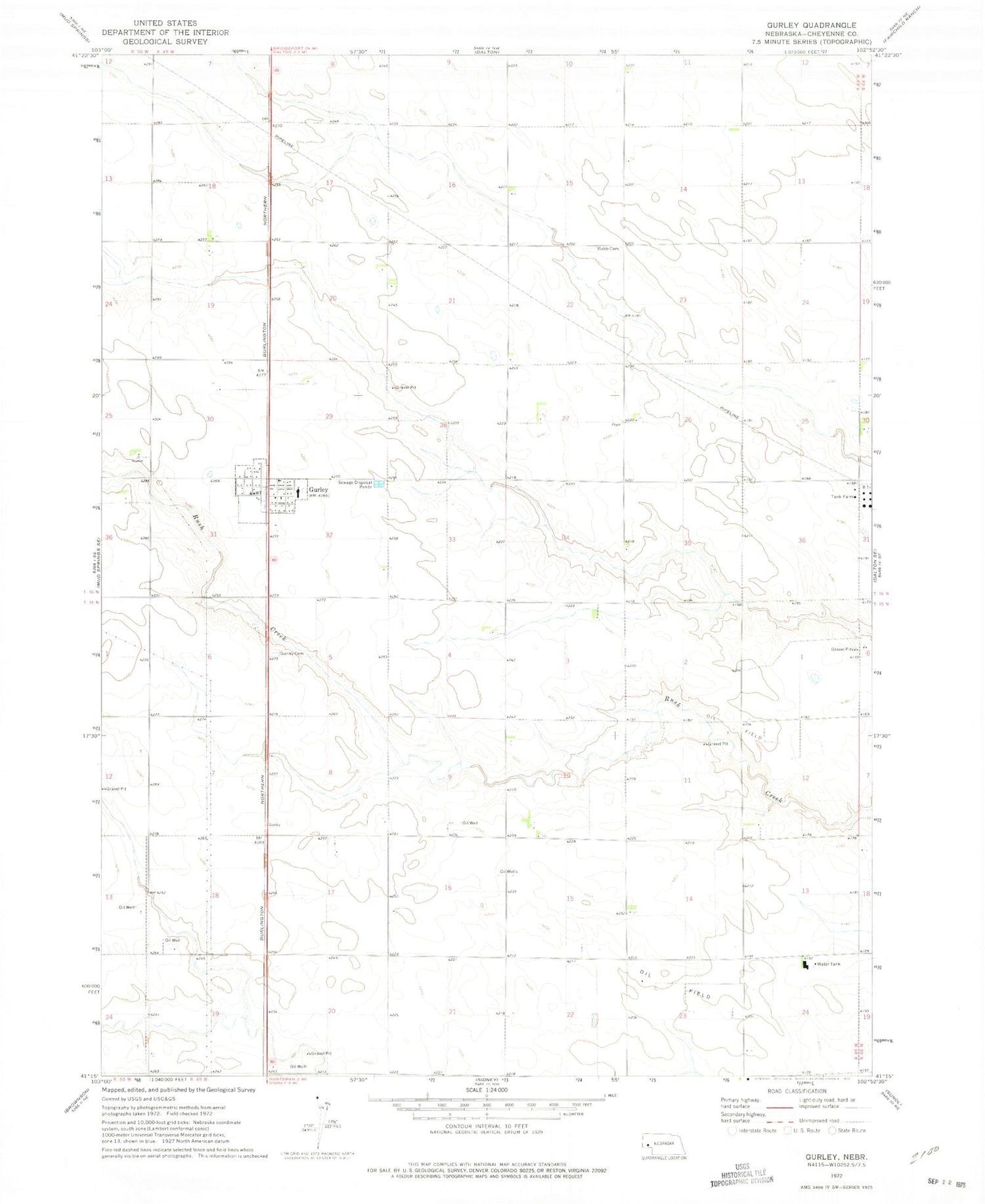 Classic USGS Gurley Nebraska 7.5'x7.5' Topo Map Image