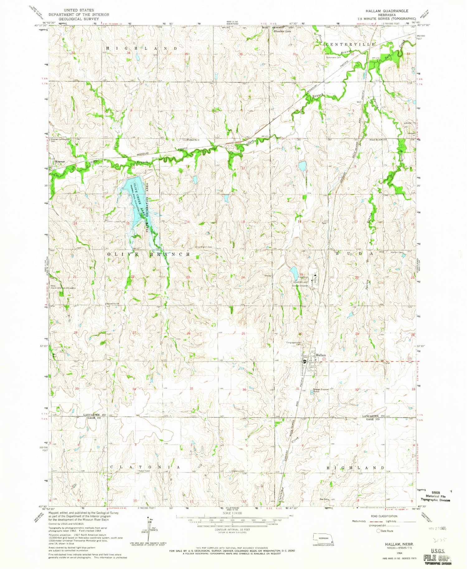 Classic USGS Hallam Nebraska 7.5'x7.5' Topo Map Image