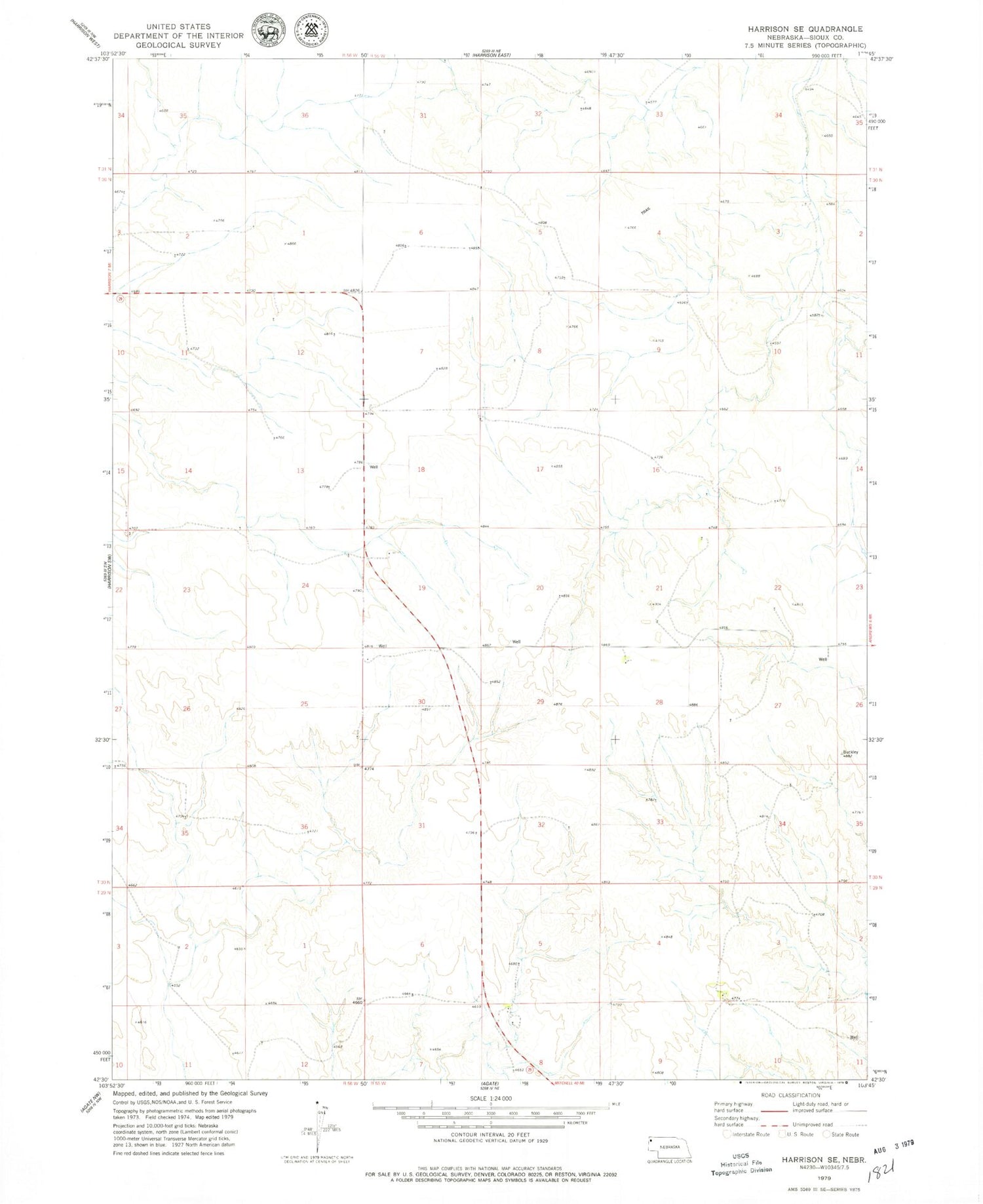 Classic USGS Harrison SE Nebraska 7.5'x7.5' Topo Map Image