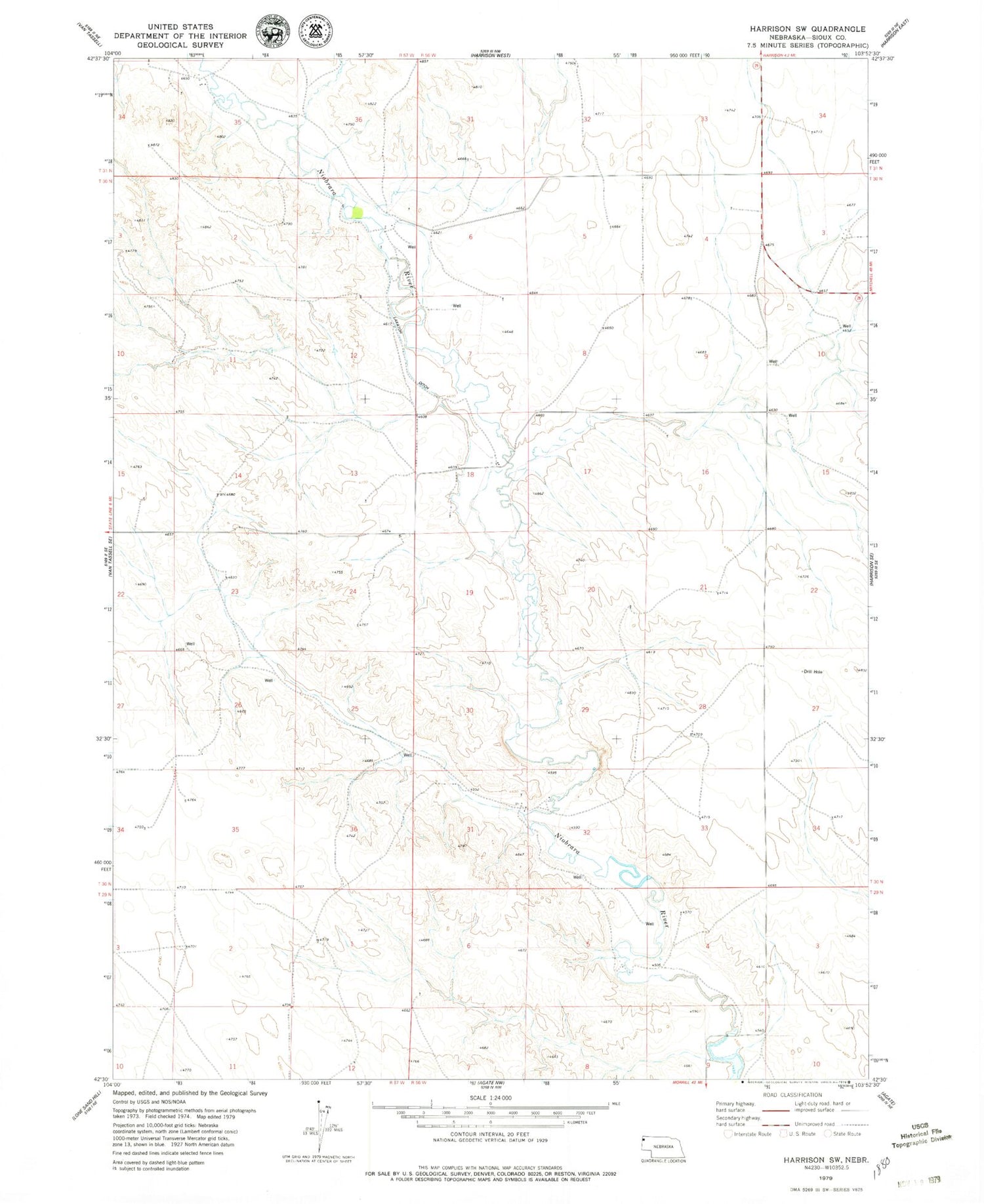 Classic USGS Harrison SW Nebraska 7.5'x7.5' Topo Map Image