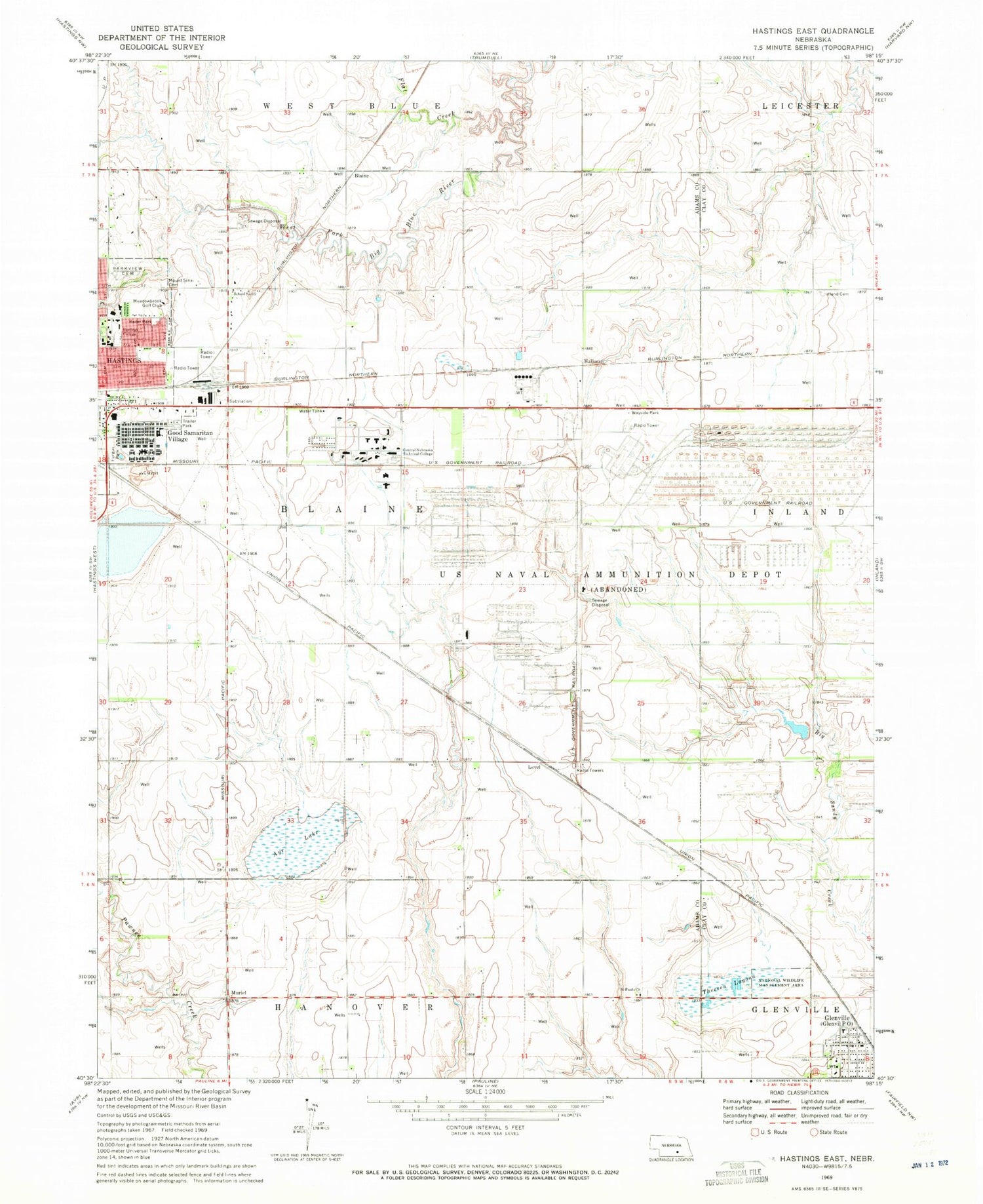Classic USGS Hastings East Nebraska 7.5'x7.5' Topo Map Image