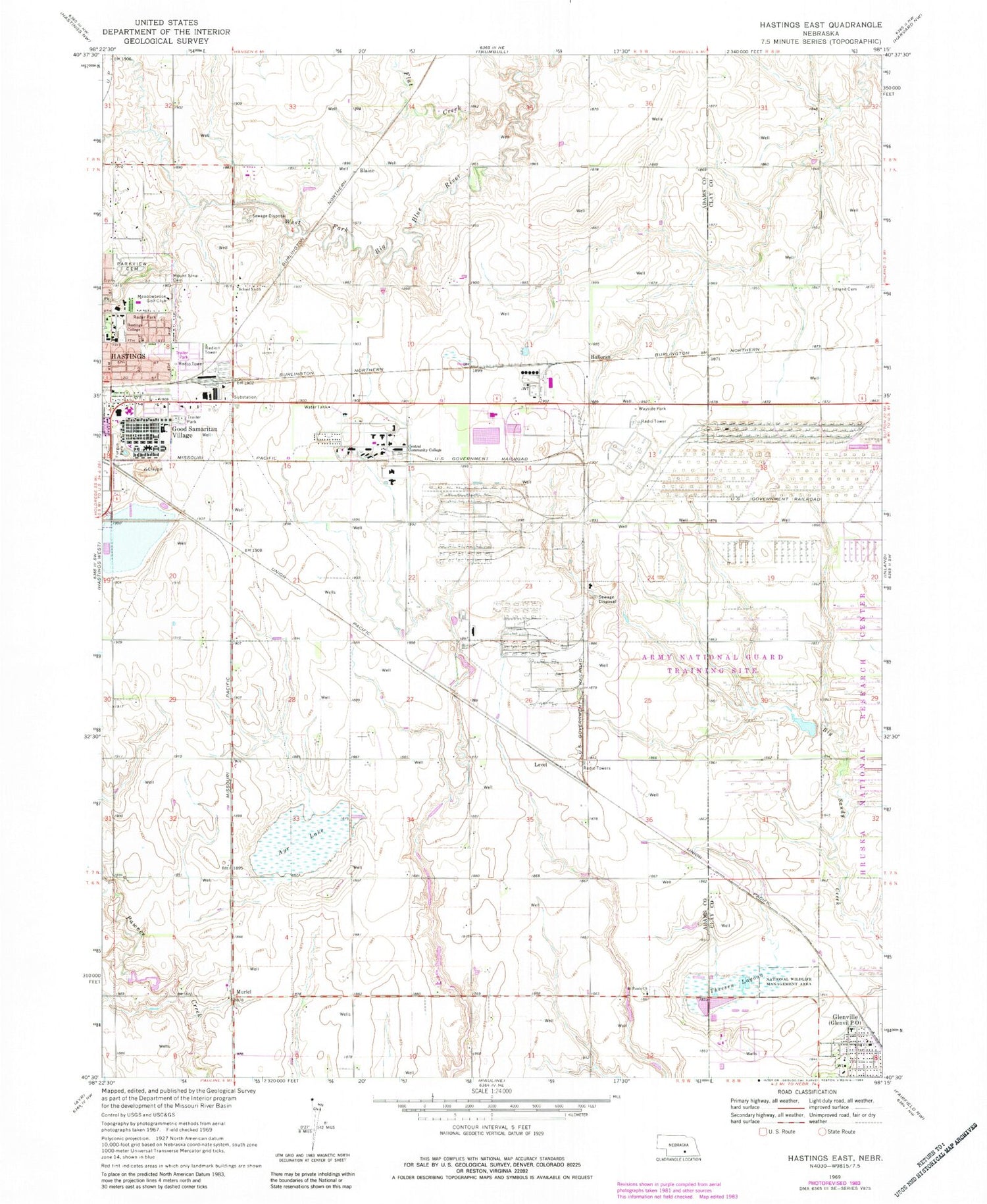 Classic USGS Hastings East Nebraska 7.5'x7.5' Topo Map Image