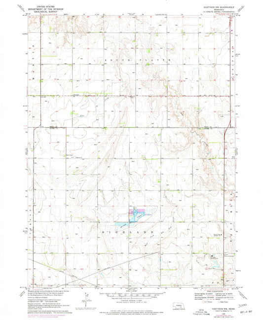 Classic USGS Hastings NW Nebraska 7.5'x7.5' Topo Map Image