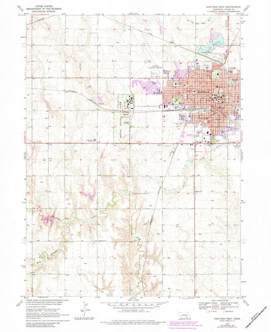 Classic USGS Hastings West Nebraska 7.5'x7.5' Topo Map Image