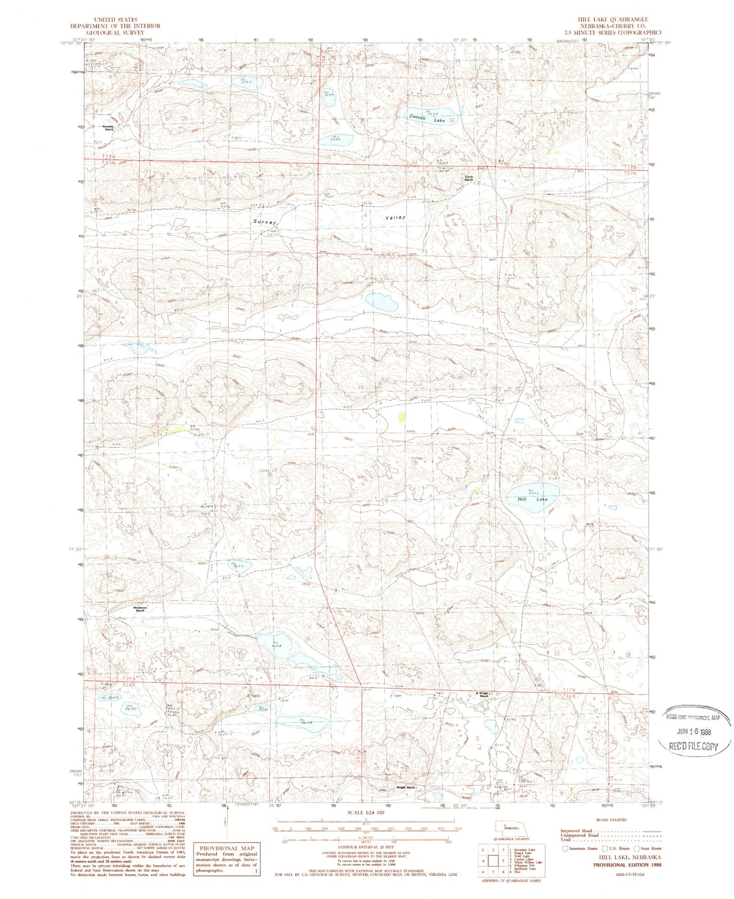 Classic USGS Hill Lake Nebraska 7.5'x7.5' Topo Map Image