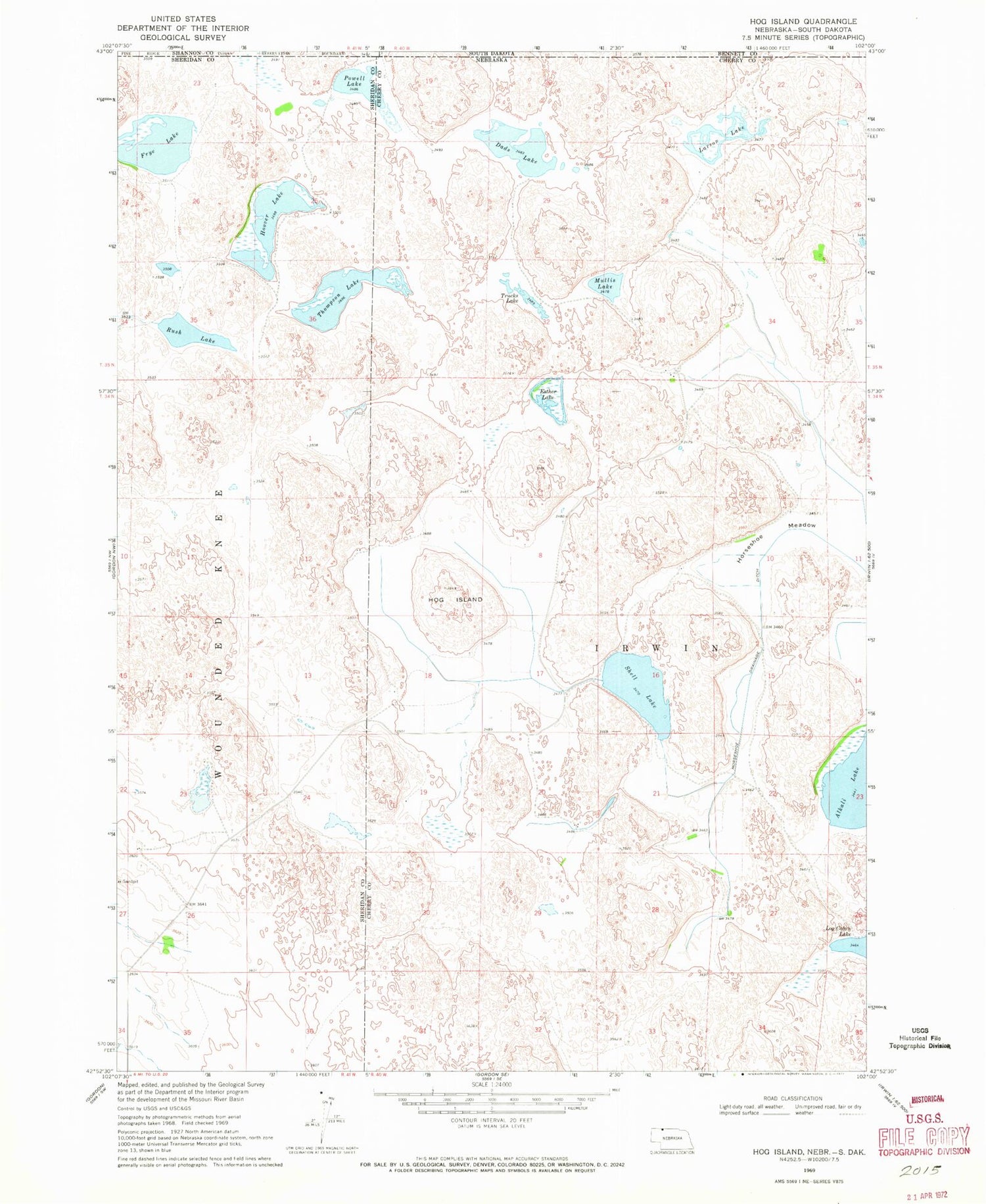 Classic USGS Hog Island Nebraska 7.5'x7.5' Topo Map Image