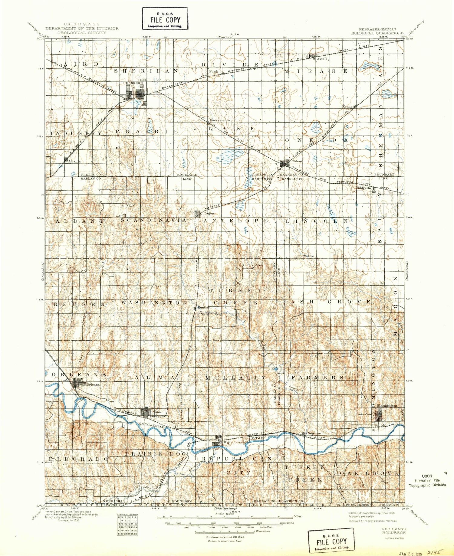 Historic 1896 Holdrege Nebraska 30'x30' Topo Map Image