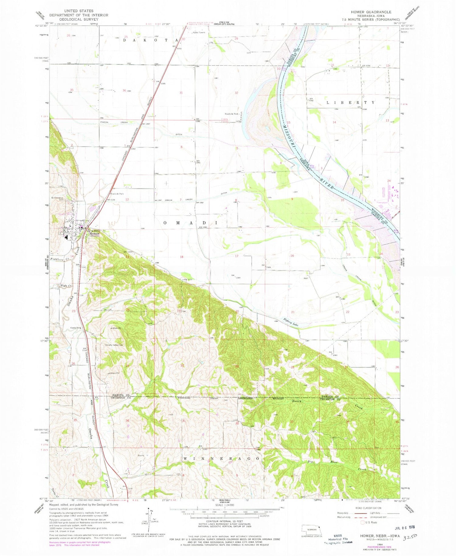 Classic USGS Homer Nebraska 7.5'x7.5' Topo Map Image