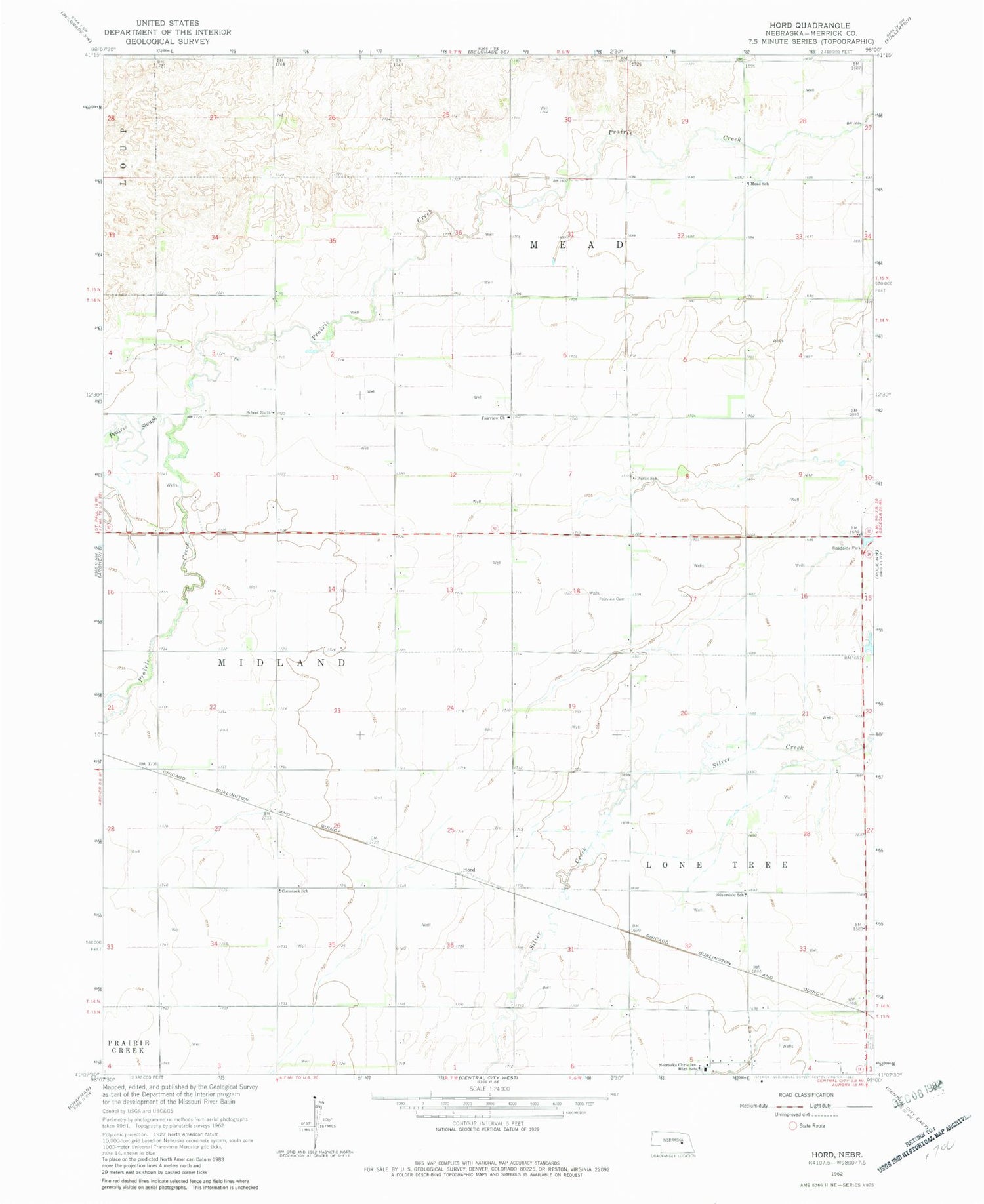 Classic USGS Hord Nebraska 7.5'x7.5' Topo Map Image