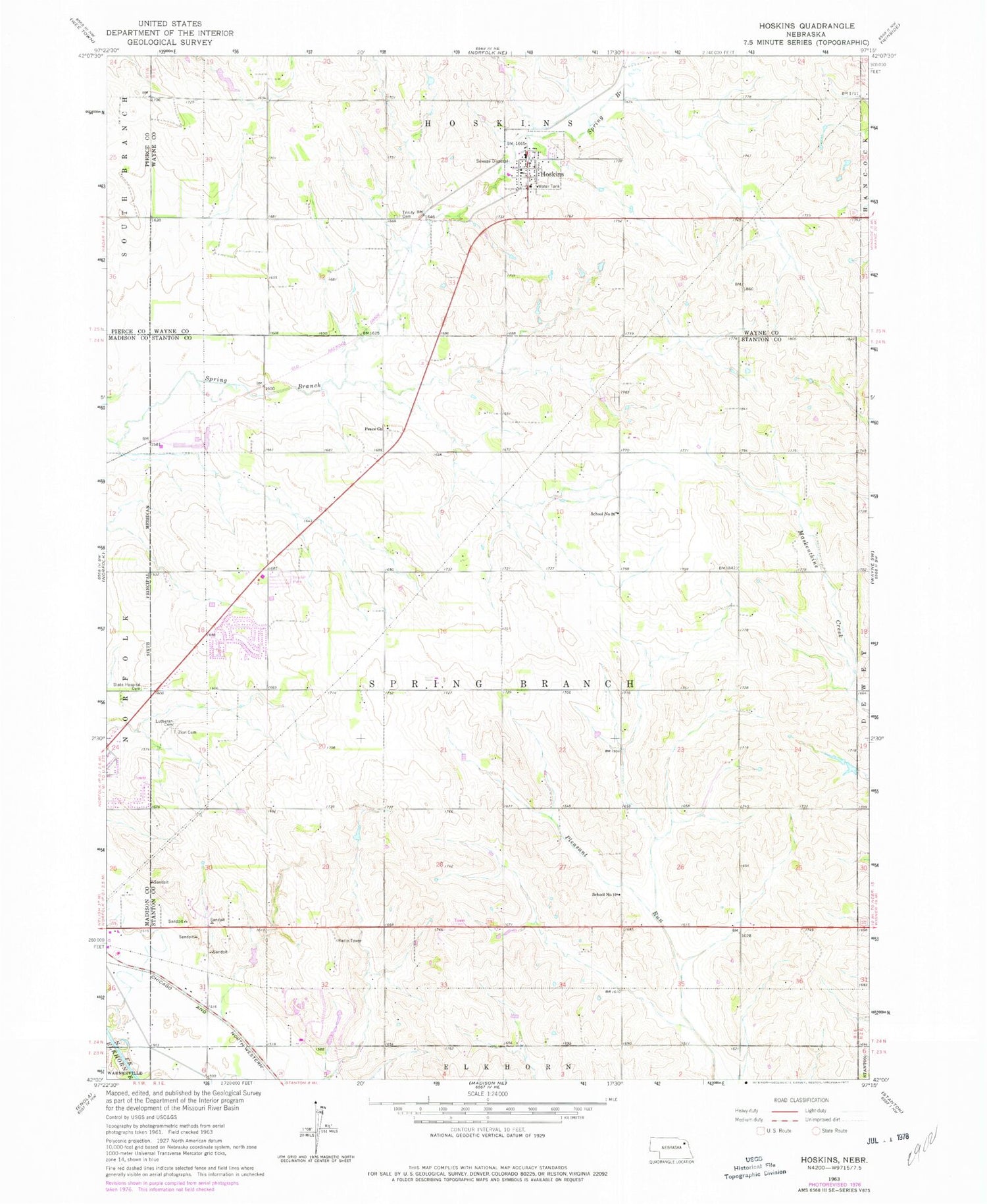 Classic USGS Hoskins Nebraska 7.5'x7.5' Topo Map Image