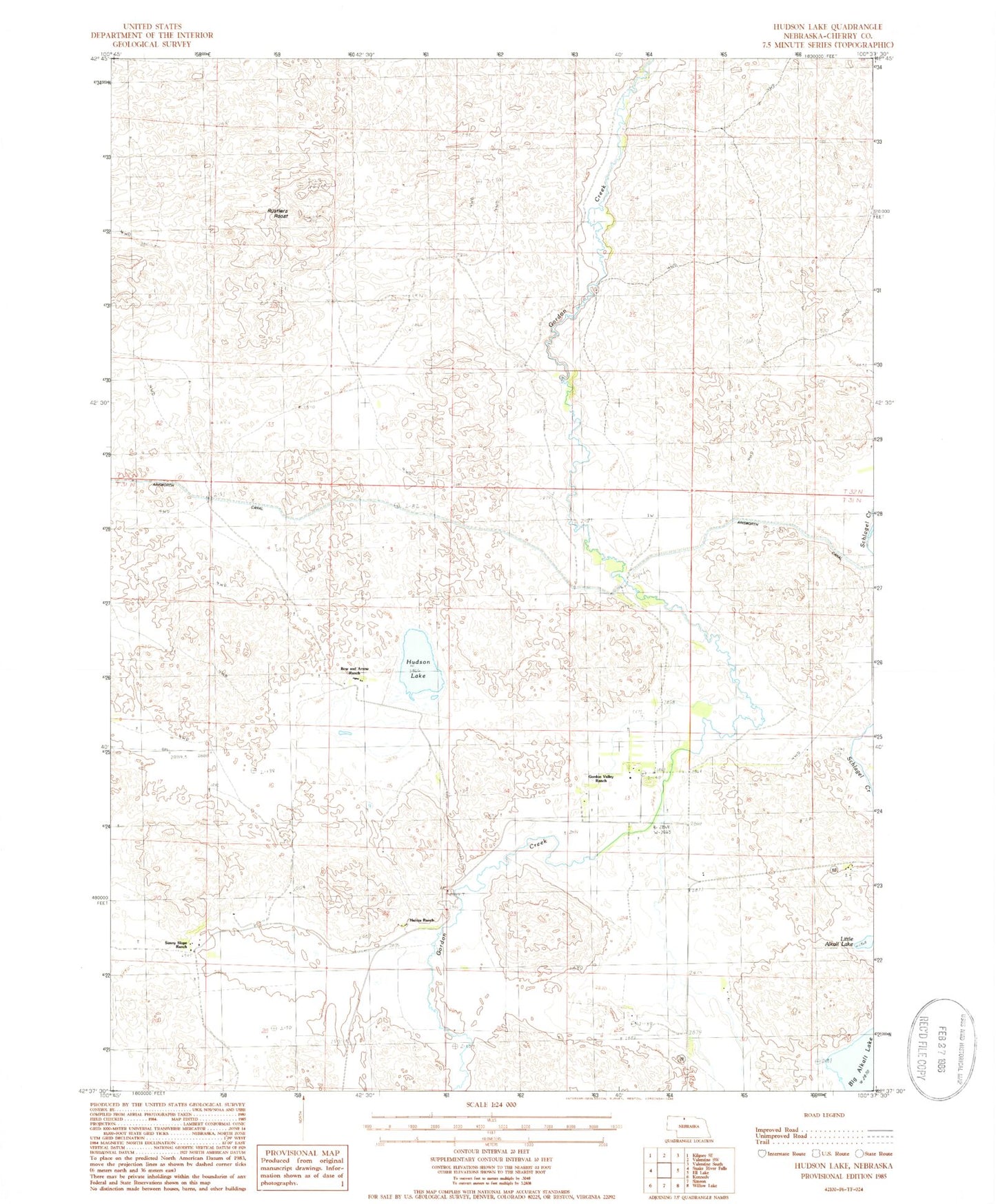 Classic USGS Hudson Lake Nebraska 7.5'x7.5' Topo Map Image