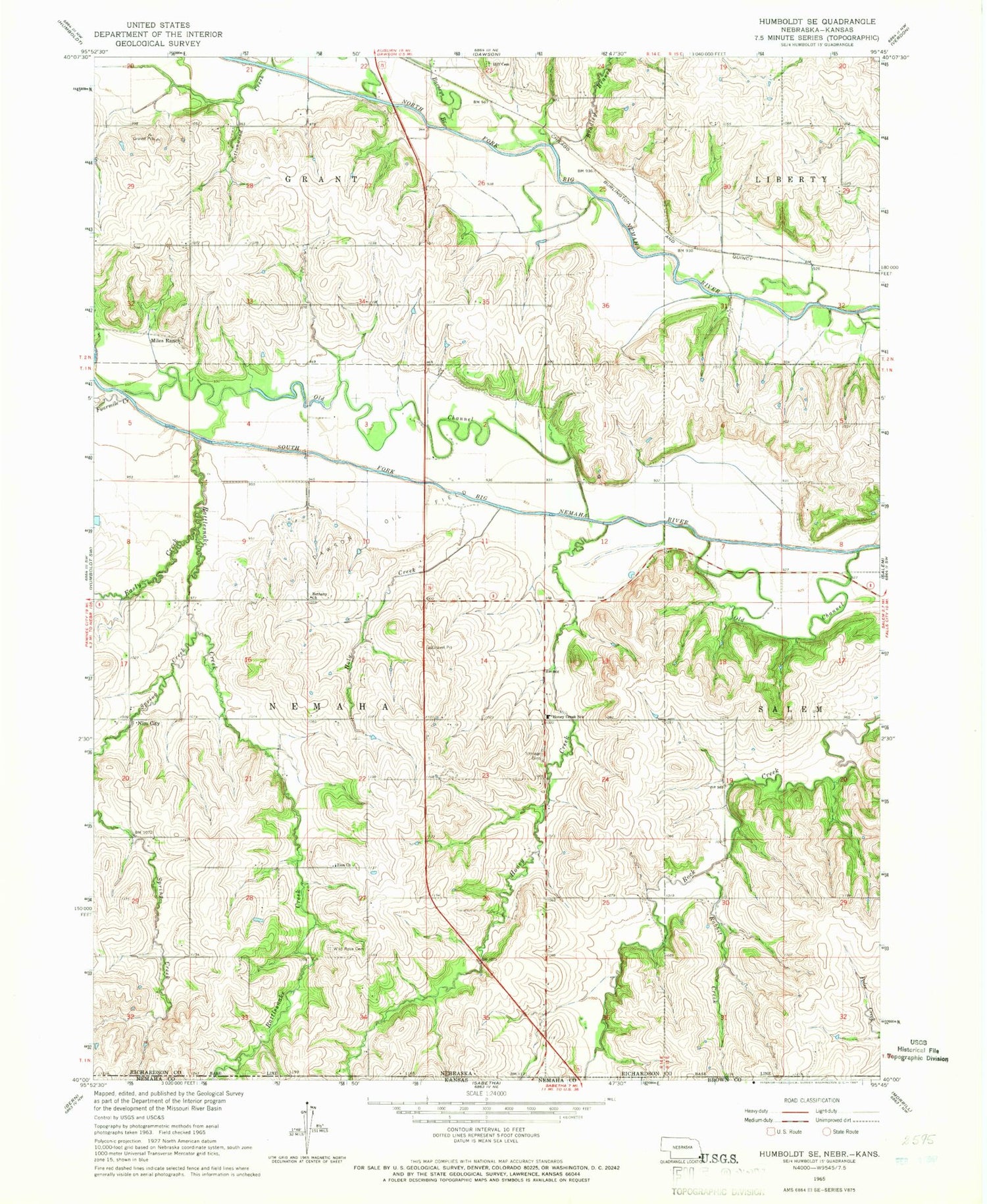 Classic USGS Humboldt SE Nebraska 7.5'x7.5' Topo Map Image