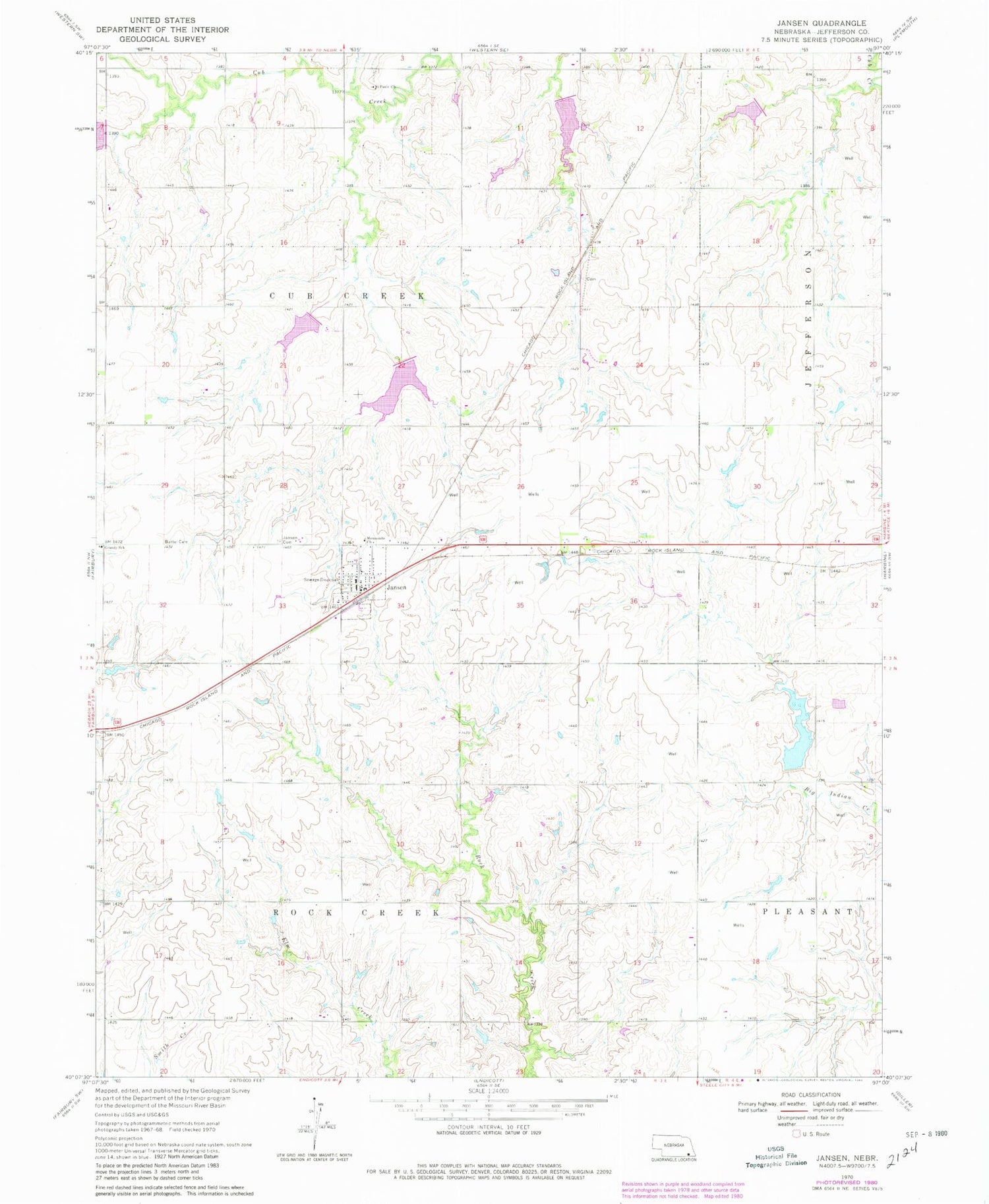 Classic USGS Jansen Nebraska 7.5'x7.5' Topo Map Image