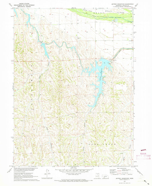 Classic USGS Jeffrey Reservoir Nebraska 7.5'x7.5' Topo Map Image