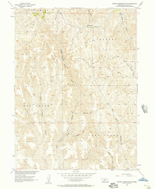 Classic USGS Jeffrey Reservoir SW Nebraska 7.5'x7.5' Topo Map Image