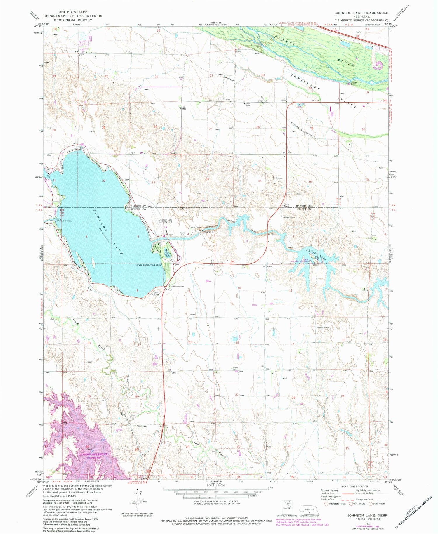 Classic USGS Johnson Lake Nebraska 7.5'x7.5' Topo Map Image