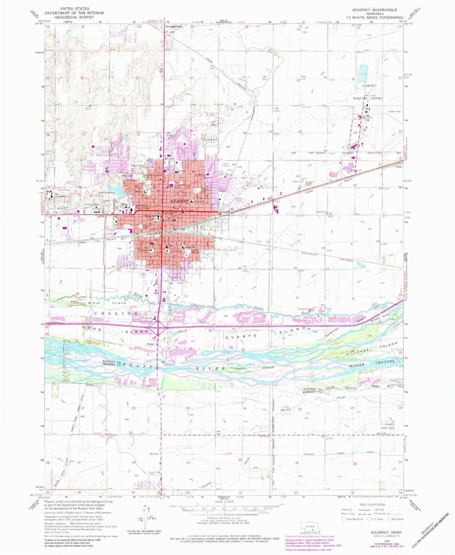 Classic USGS Kearney Nebraska 7.5'x7.5' Topo Map Image