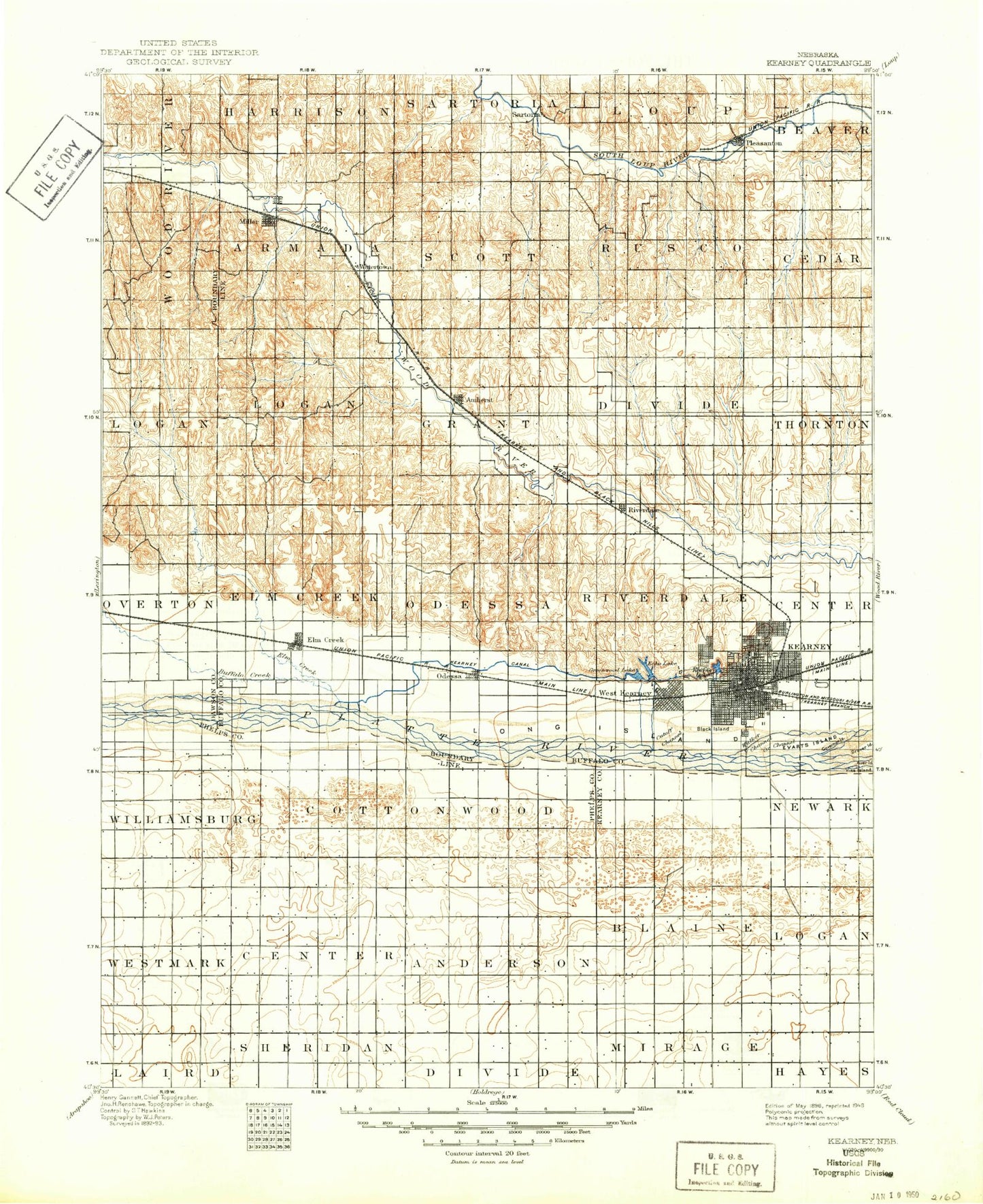 Historic 1896 Kearney Nebraska 30'x30' Topo Map Image