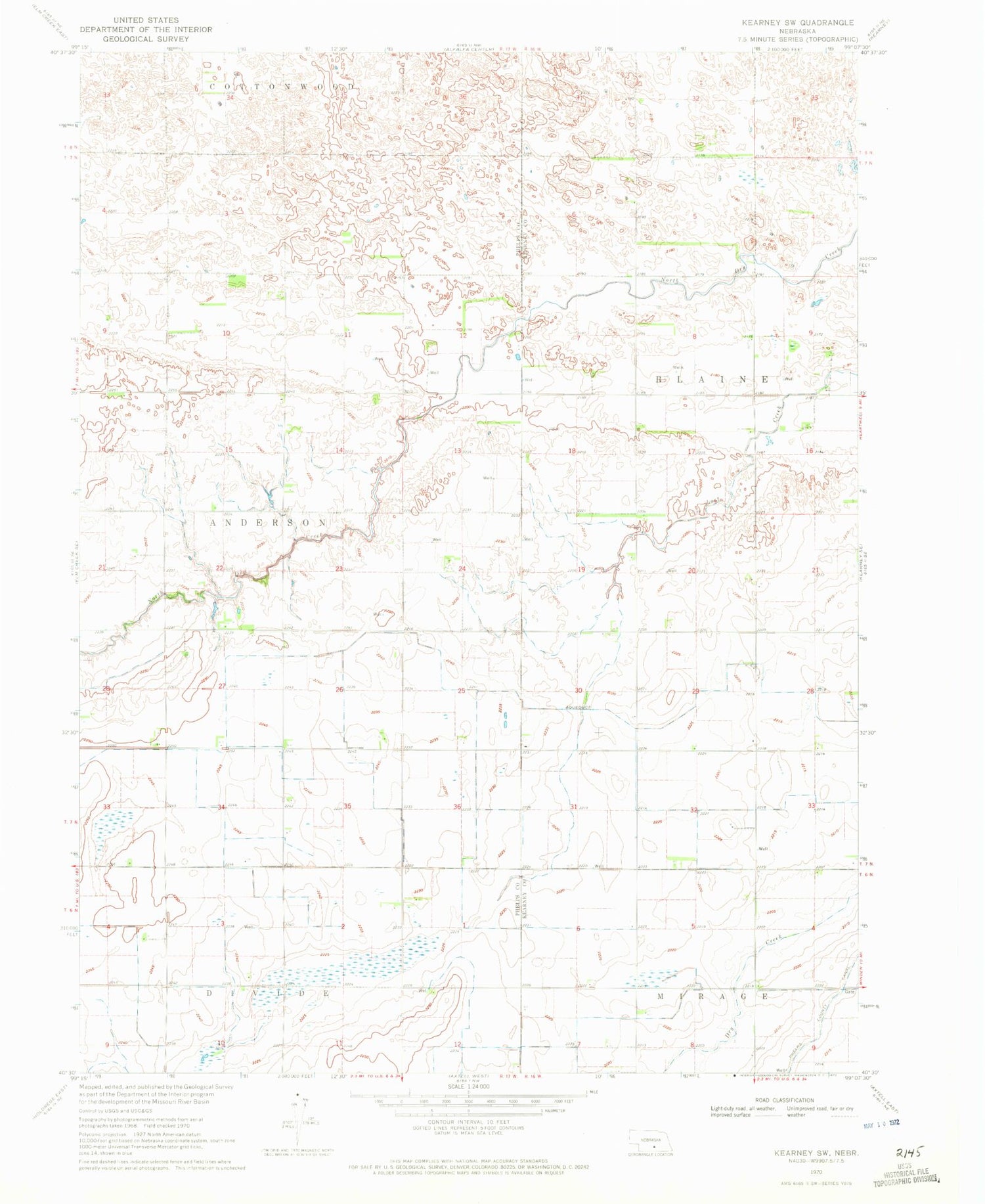 Classic USGS Kearney SW Nebraska 7.5'x7.5' Topo Map Image