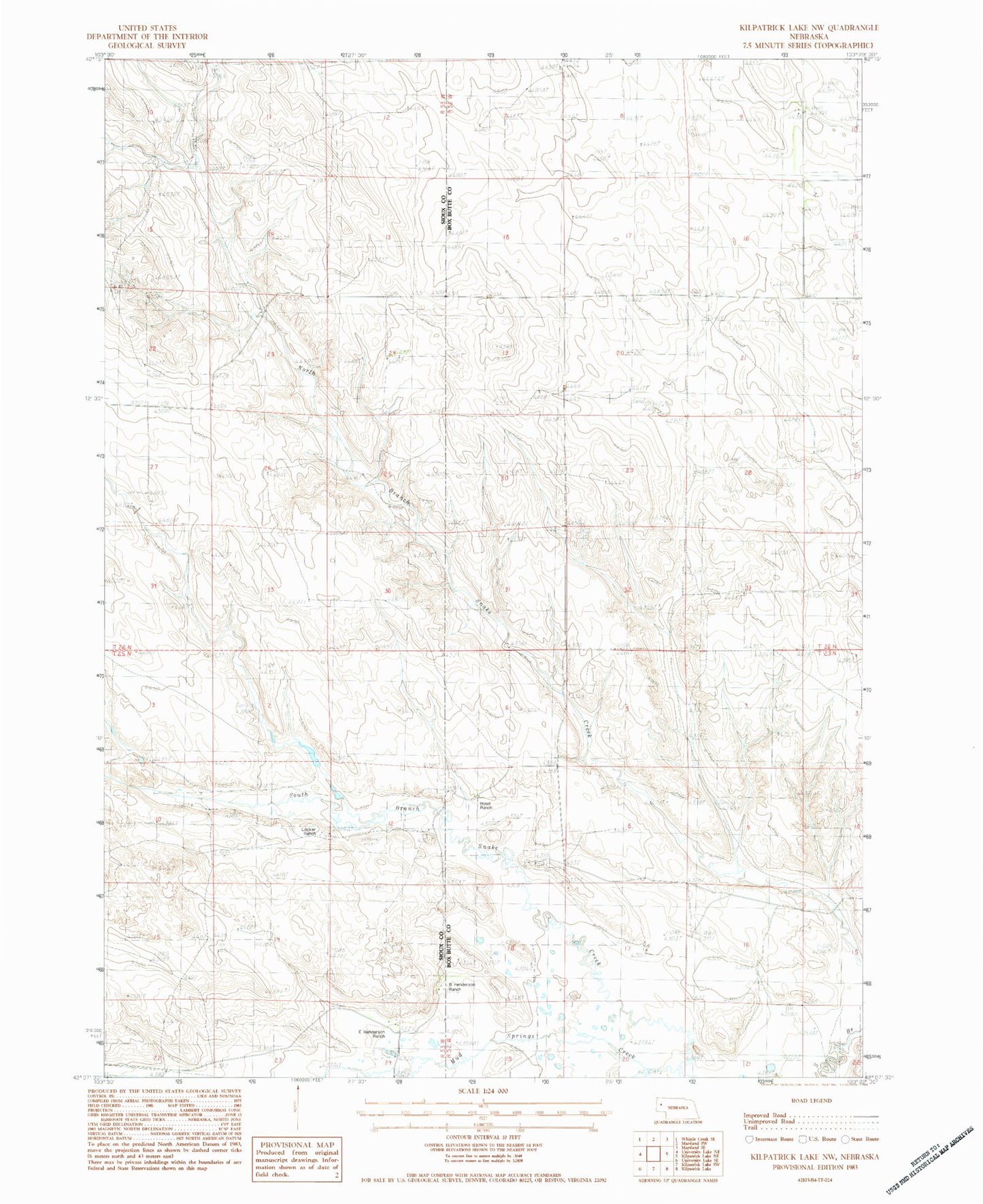 Classic USGS Kilpatrick Lake NW Nebraska 7.5'x7.5' Topo Map Image