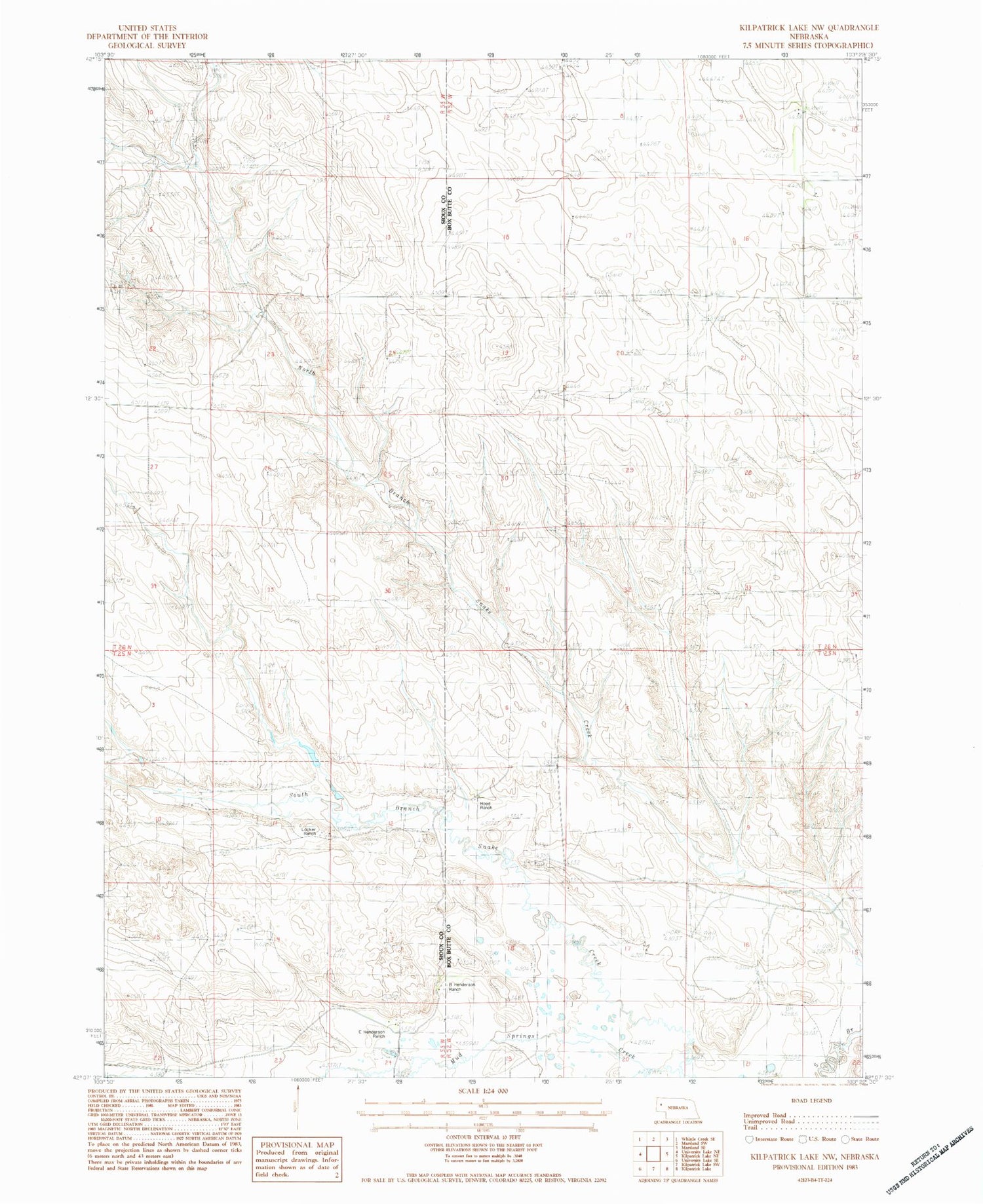 Classic USGS Kilpatrick Lake NW Nebraska 7.5'x7.5' Topo Map Image