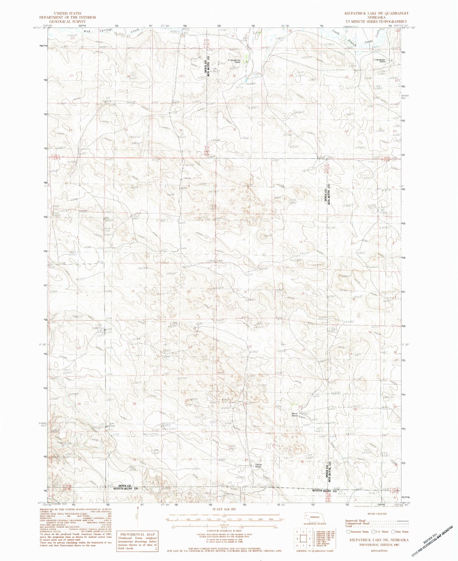 Classic USGS Kilpatrick Lake SW Nebraska 7.5'x7.5' Topo Map Image