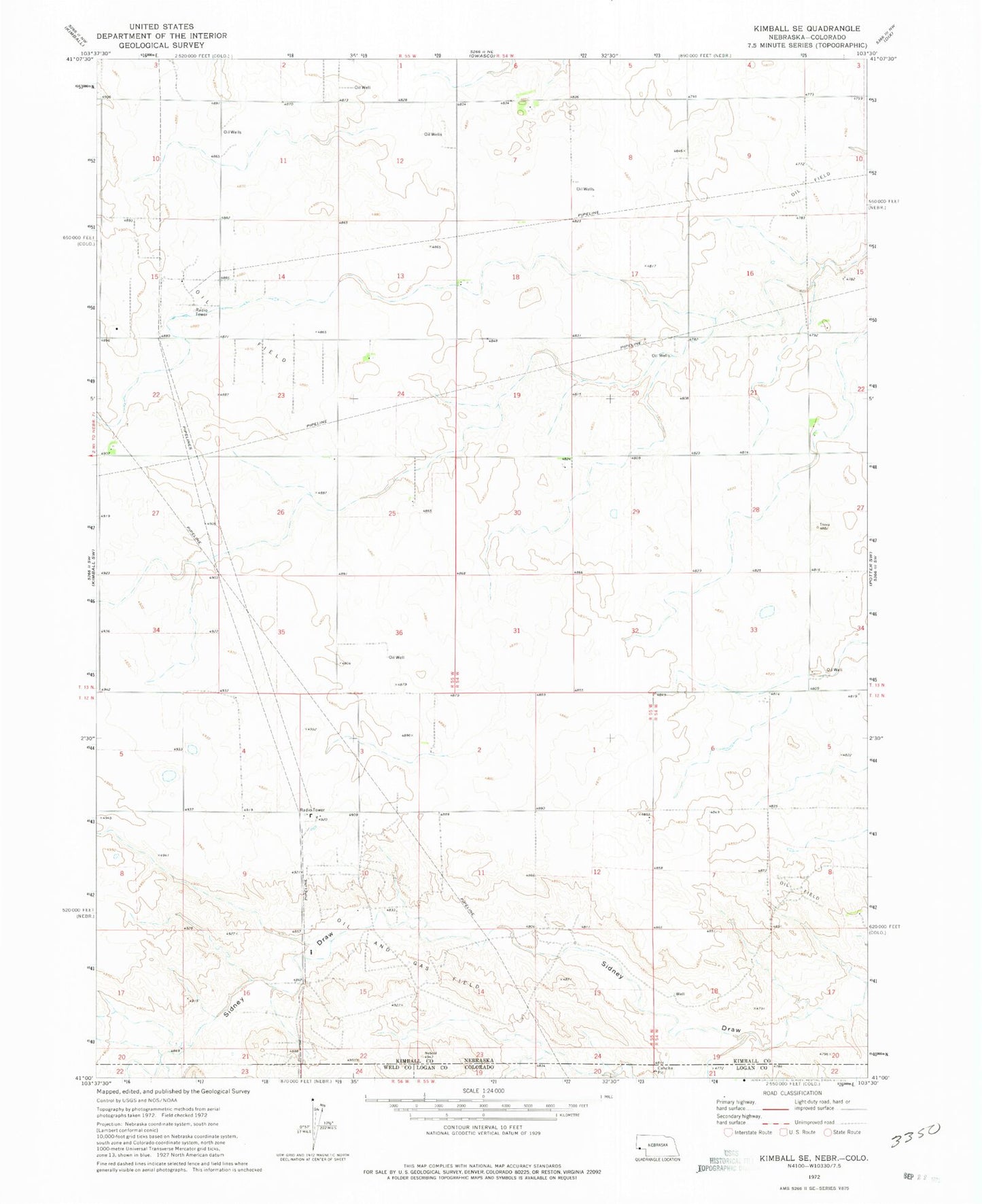 Classic USGS Kimball SE Nebraska 7.5'x7.5' Topo Map Image