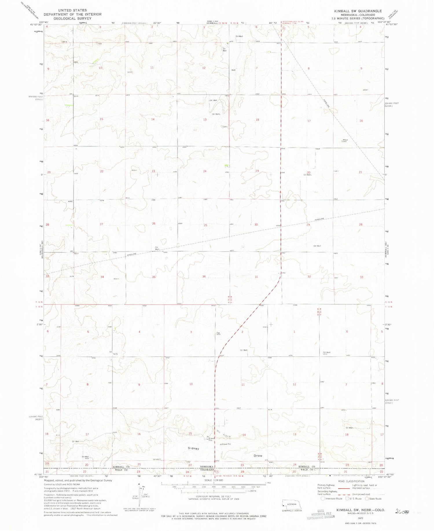 Classic USGS Kimball SW Nebraska 7.5'x7.5' Topo Map Image