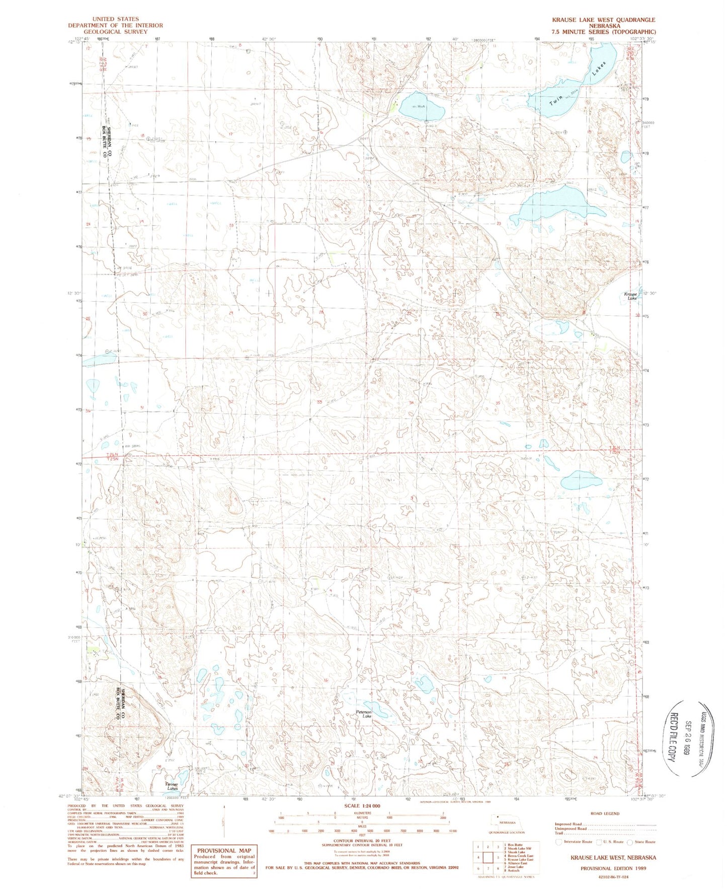 Classic USGS Krause Lake West Nebraska 7.5'x7.5' Topo Map Image