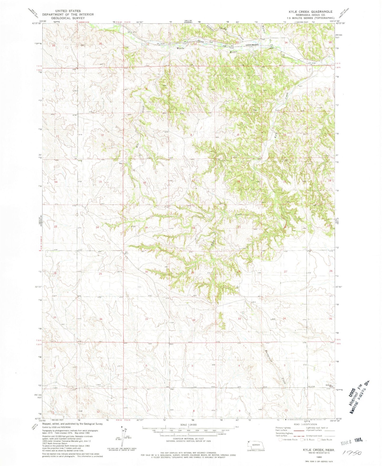 Classic USGS Kyle Creek Nebraska 7.5'x7.5' Topo Map Image