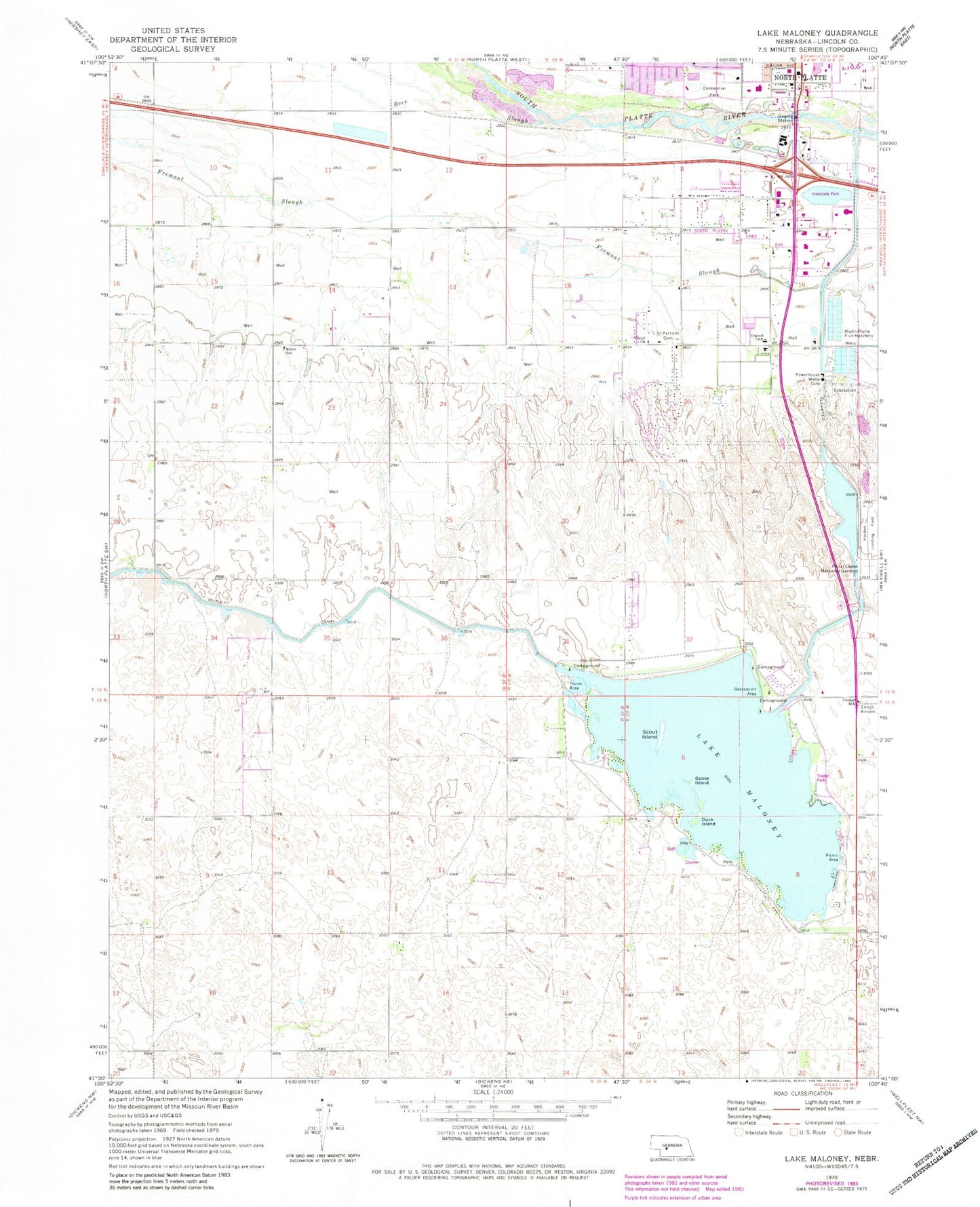 Classic USGS Lake Maloney Nebraska 7.5'x7.5' Topo Map Image