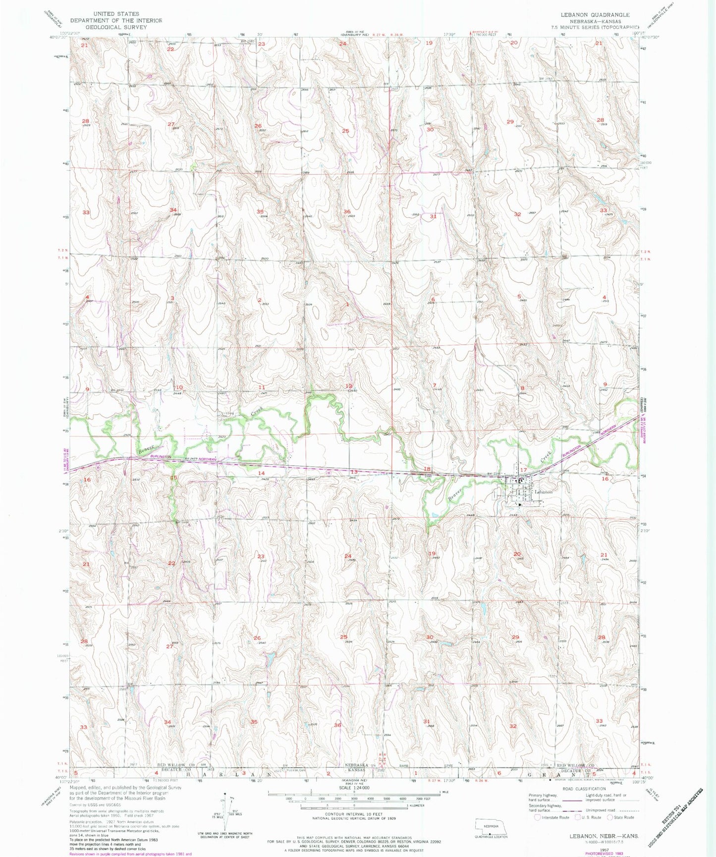 Classic USGS Lebanon Nebraska 7.5'x7.5' Topo Map Image