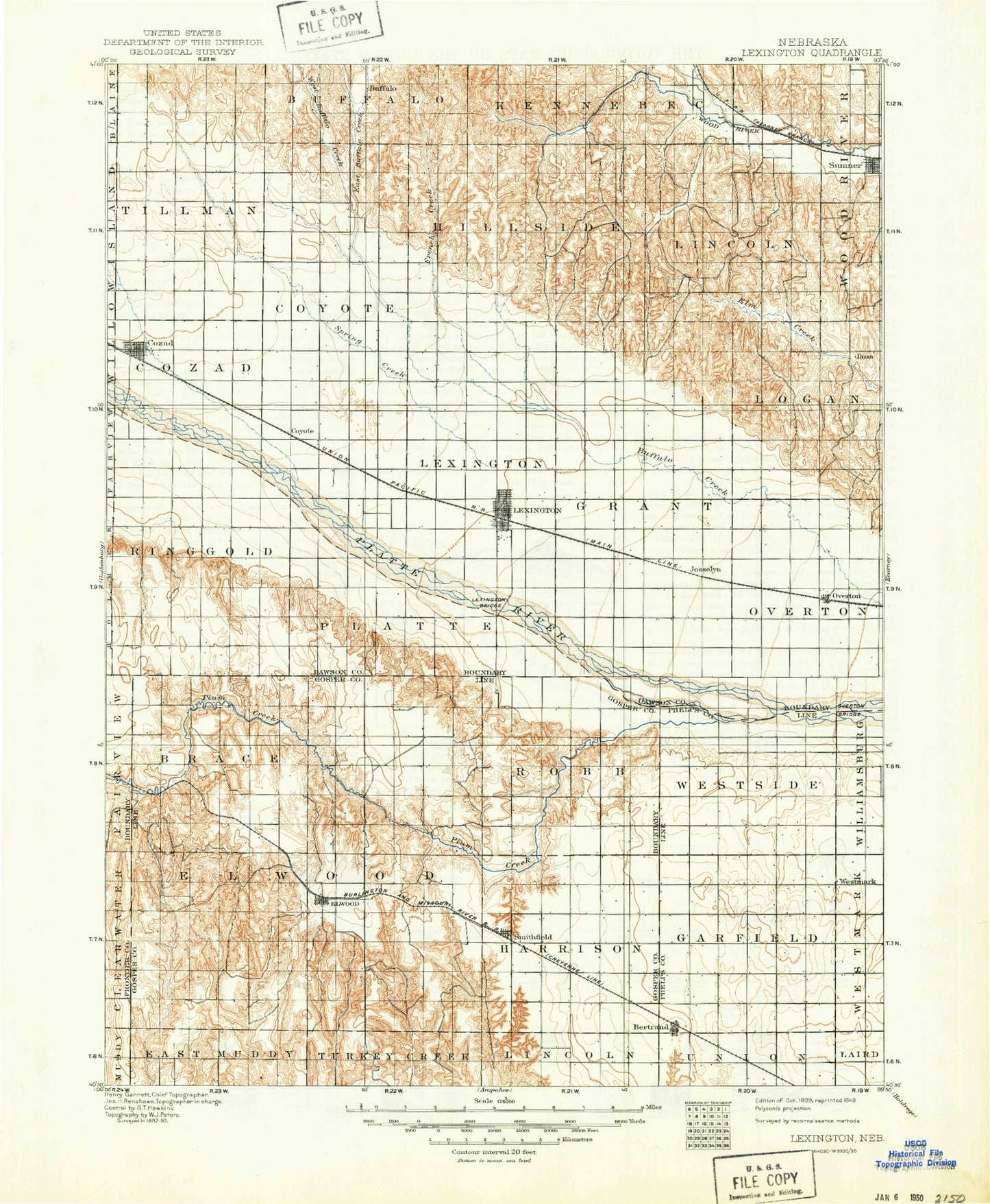 Historic 1899 Lexington Nebraska 30'x30' Topo Map Image