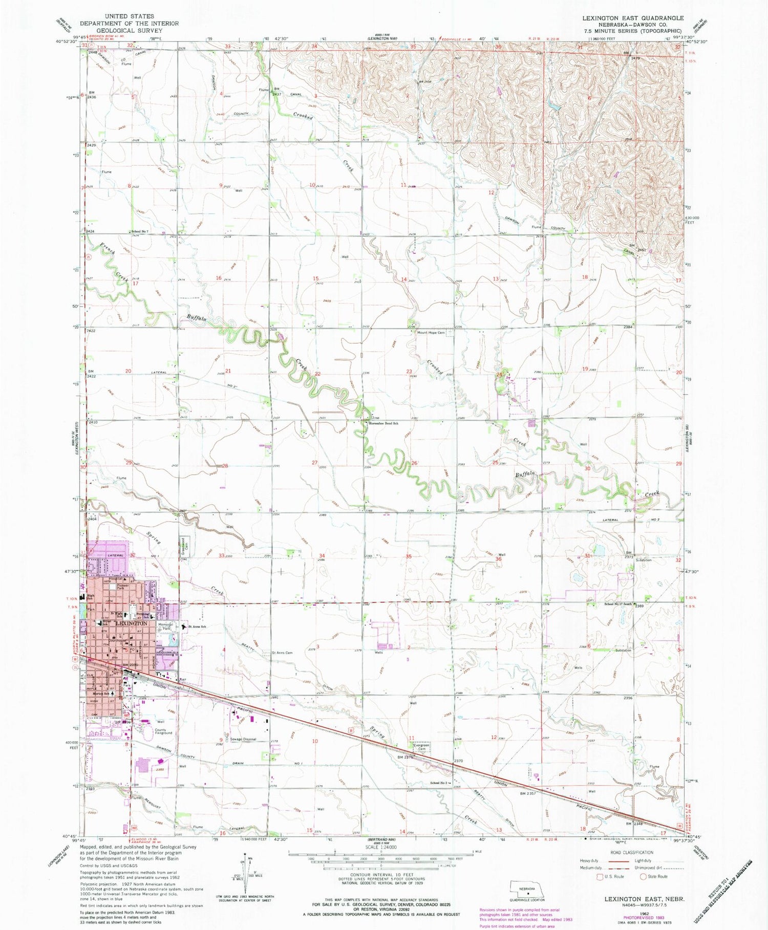 Classic USGS Lexington East Nebraska 7.5'x7.5' Topo Map Image