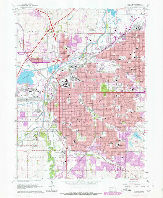 Classic USGS Lincoln Nebraska 7.5'x7.5' Topo Map Image