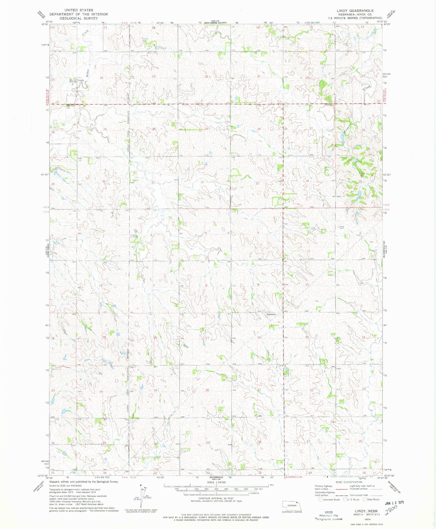 Classic USGS Lindy Nebraska 7.5'x7.5' Topo Map Image