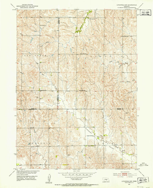 Classic USGS Litchfield SW Nebraska 7.5'x7.5' Topo Map Image