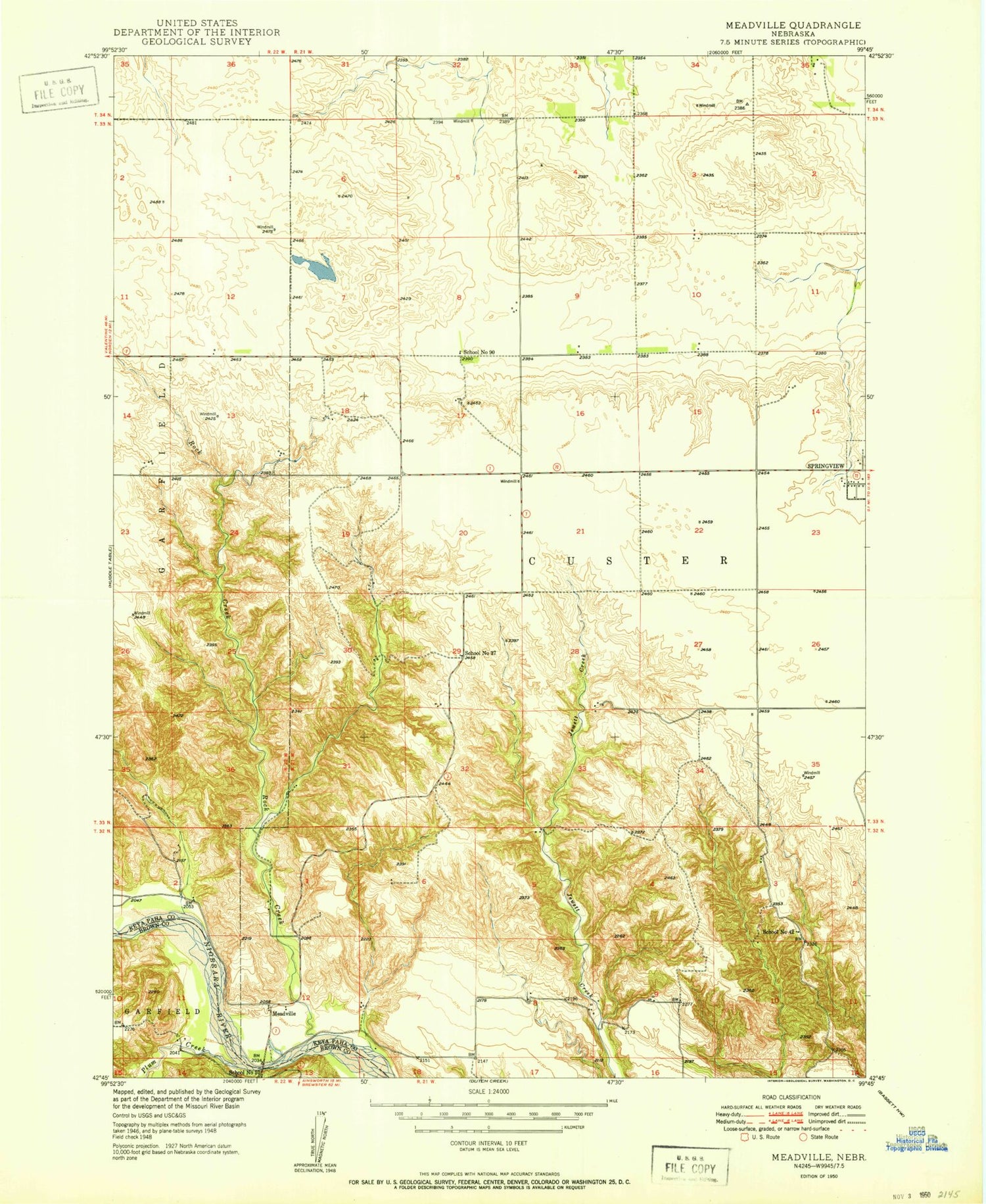 Classic USGS Meadville Nebraska 7.5'x7.5' Topo Map Image