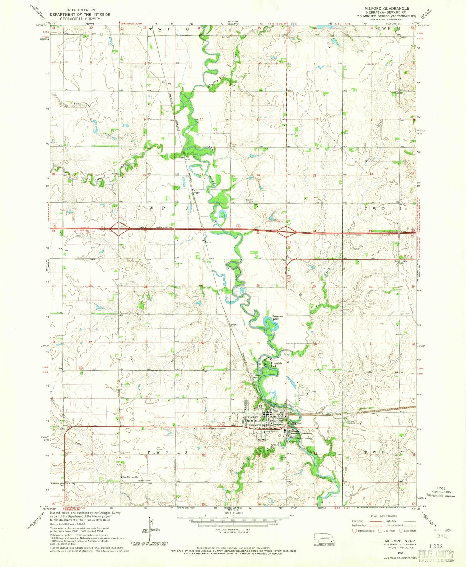 Classic USGS Milford Nebraska 7.5'x7.5' Topo Map Image