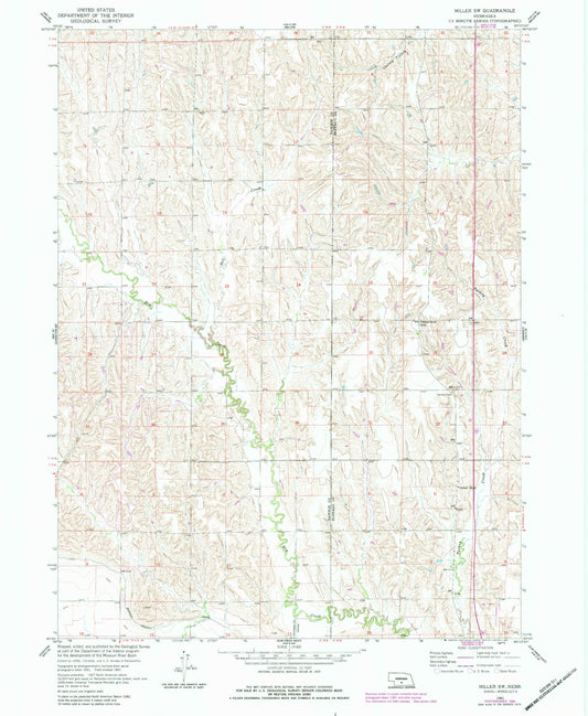 Classic USGS Miller SW Nebraska 7.5'x7.5' Topo Map Image