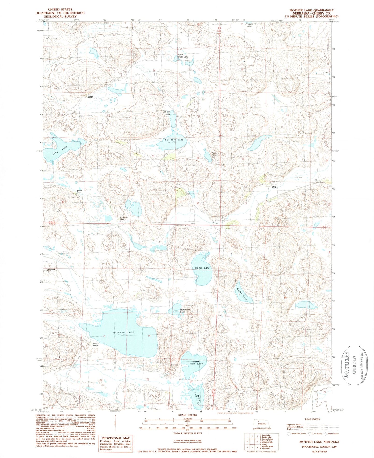 Classic USGS Mother Lake Nebraska 7.5'x7.5' Topo Map Image