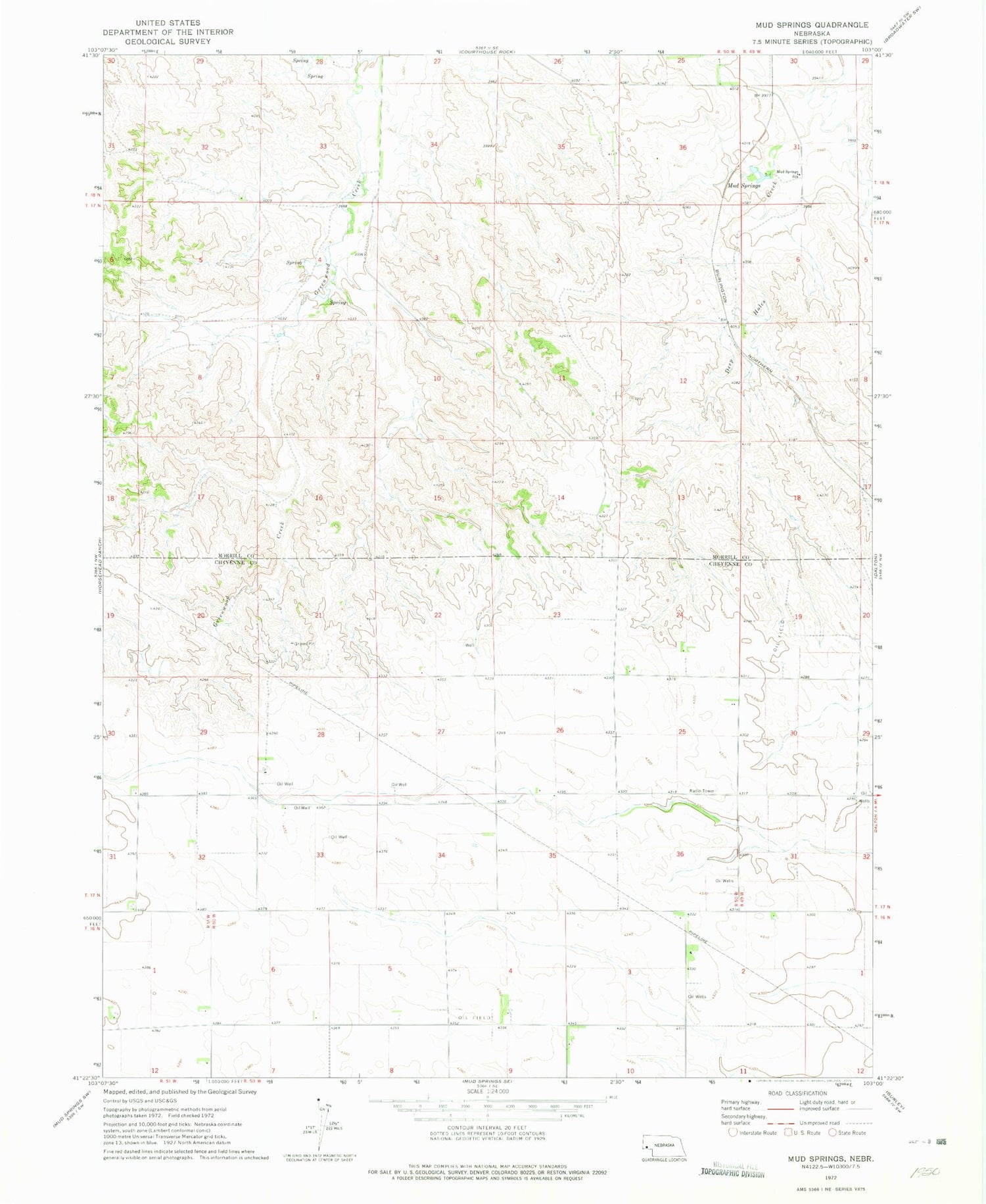 Classic USGS Mud Springs Nebraska 7.5'x7.5' Topo Map Image
