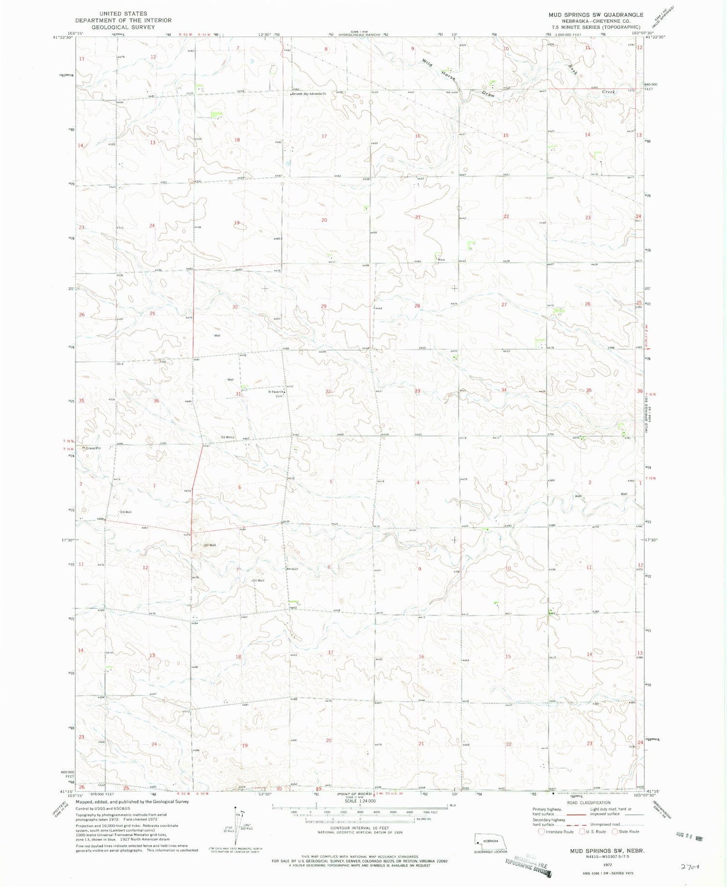 Classic USGS Mud Springs SW Nebraska 7.5'x7.5' Topo Map Image