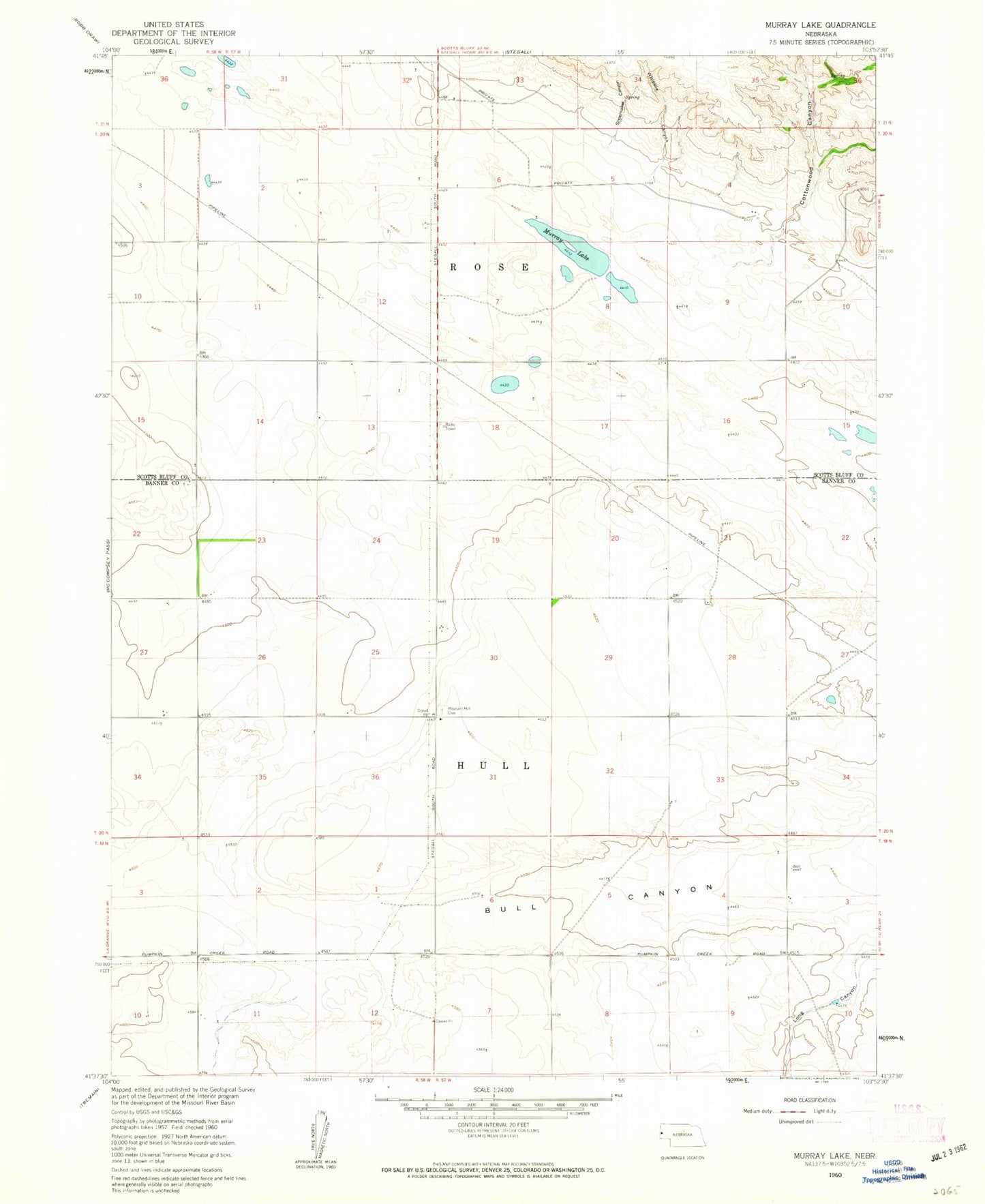 Classic USGS Murray Lake Nebraska 7.5'x7.5' Topo Map Image