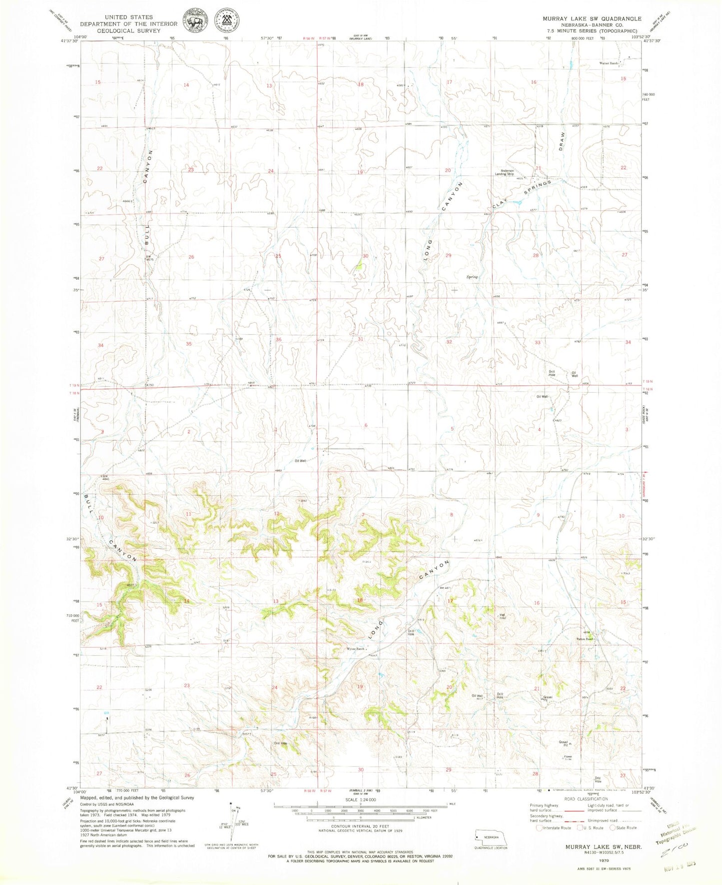 Classic USGS Murray Lake SW Nebraska 7.5'x7.5' Topo Map Image
