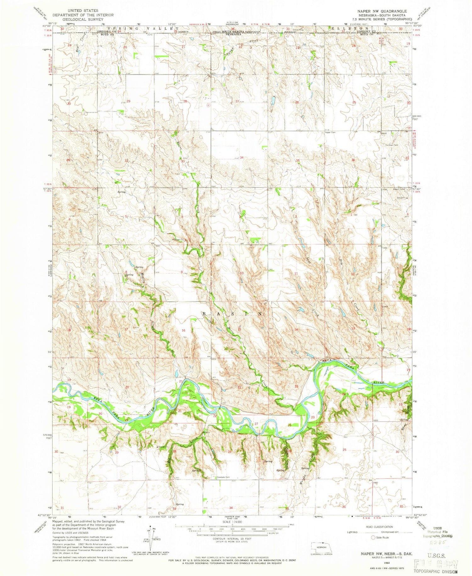 Classic USGS Naper NW Nebraska 7.5'x7.5' Topo Map Image