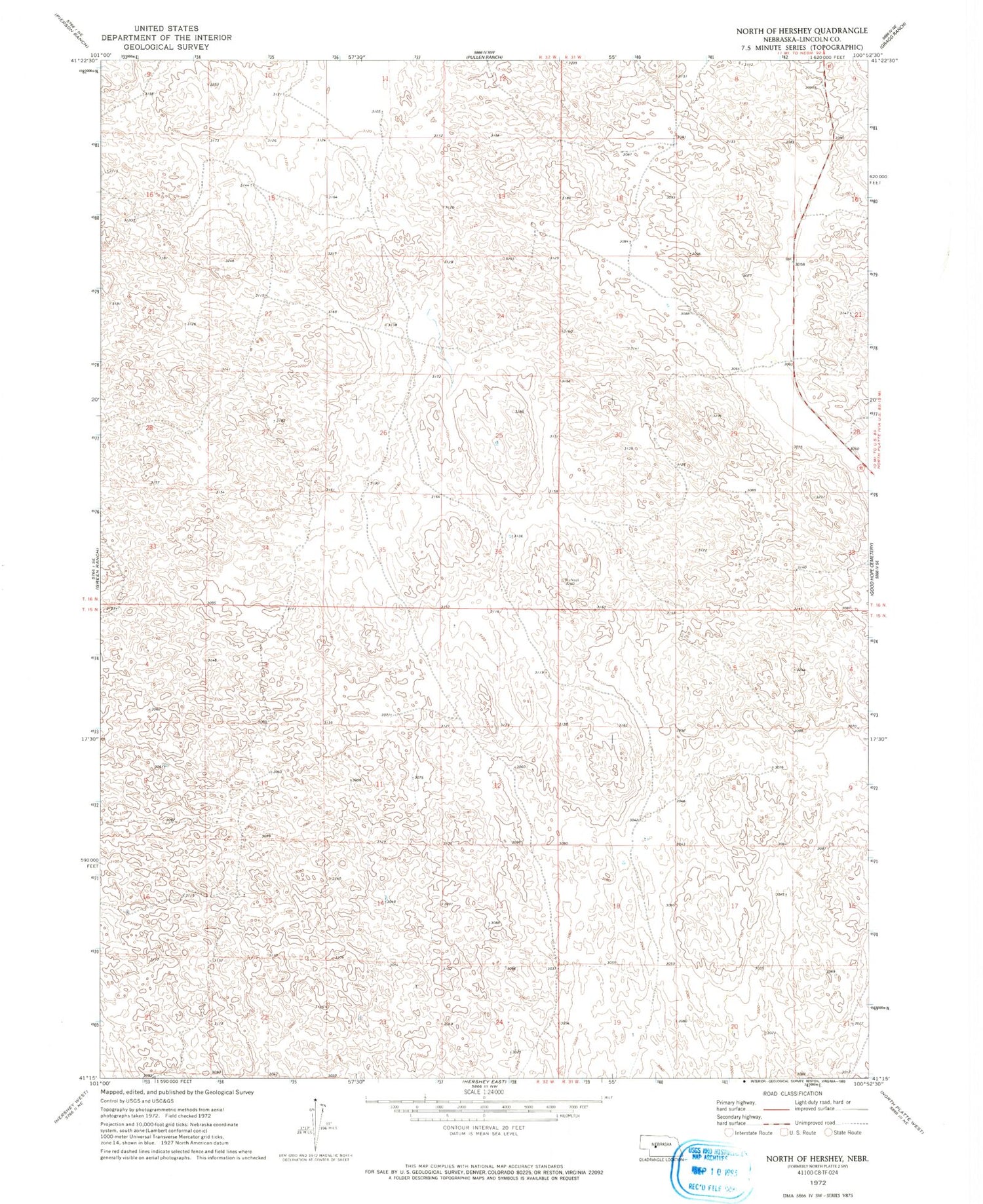 Classic USGS North of Hershey Nebraska 7.5'x7.5' Topo Map Image