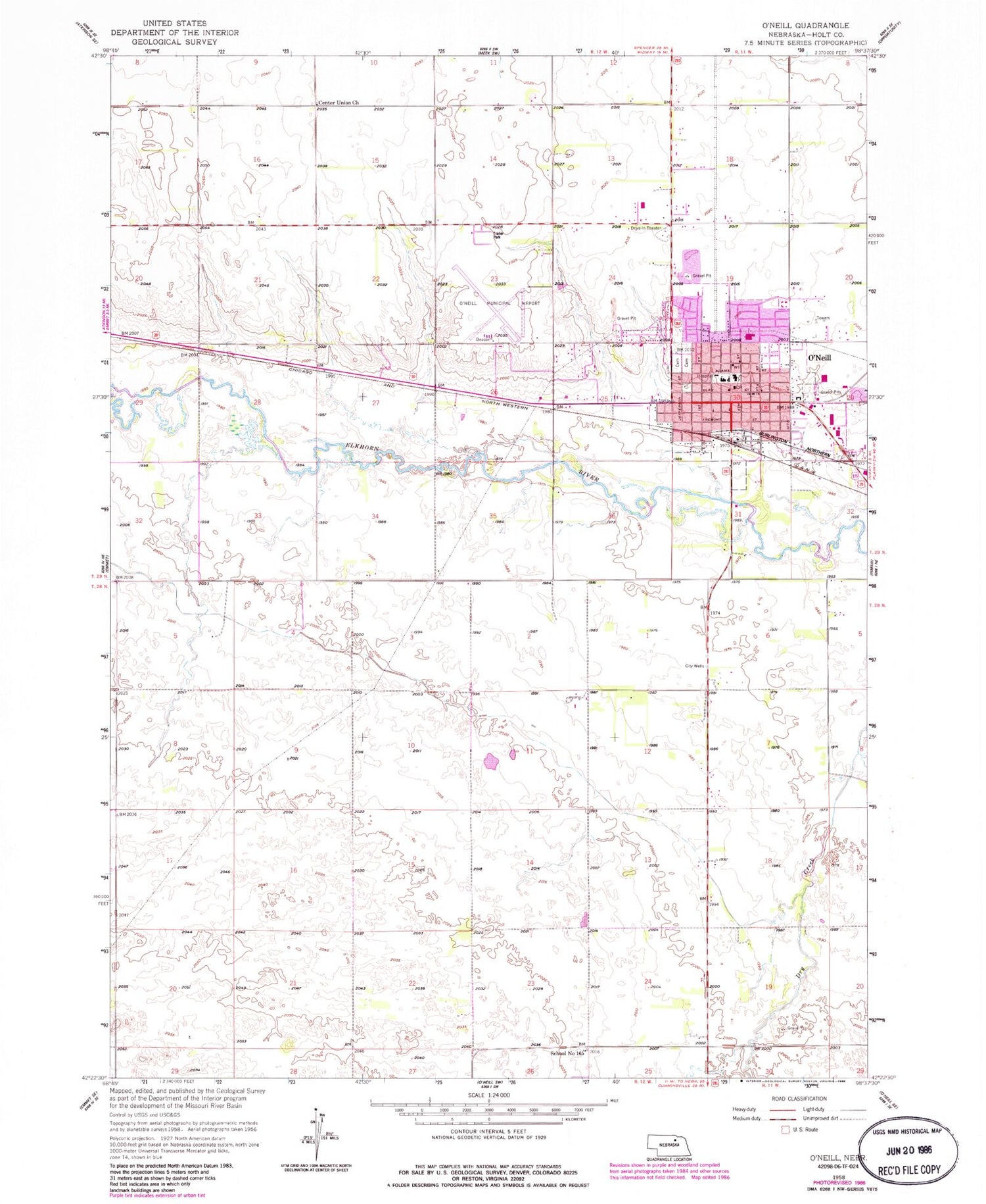 Classic USGS O'Neill Nebraska 7.5'x7.5' Topo Map Image
