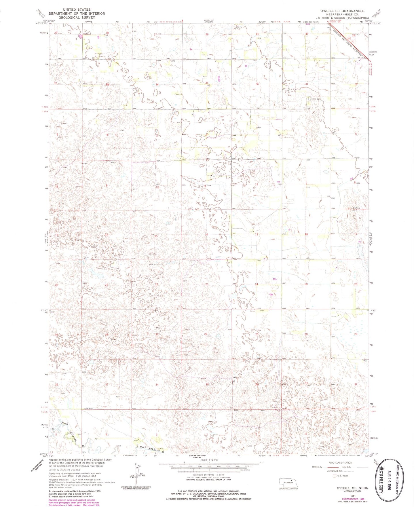 Classic USGS O'Neill SE Nebraska 7.5'x7.5' Topo Map Image